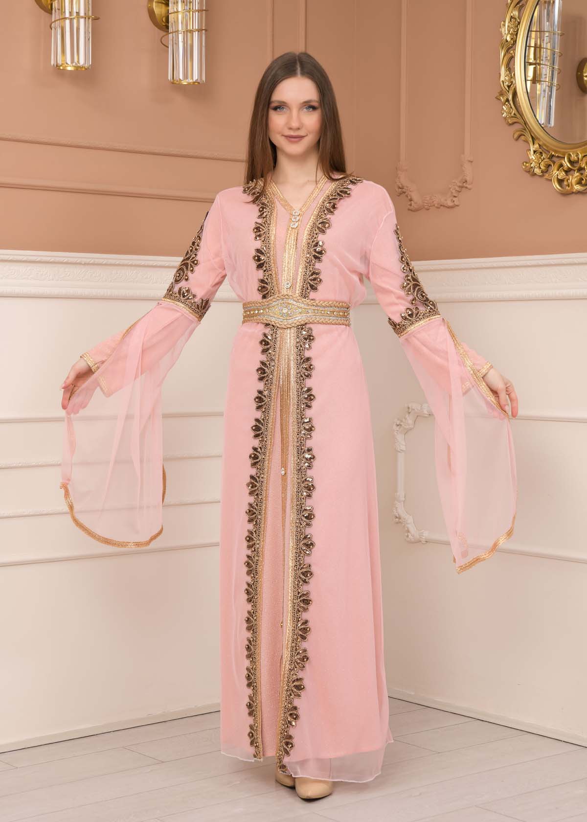 Belted, Lace, Silvery Caftan Evening Dress 4108 - pink