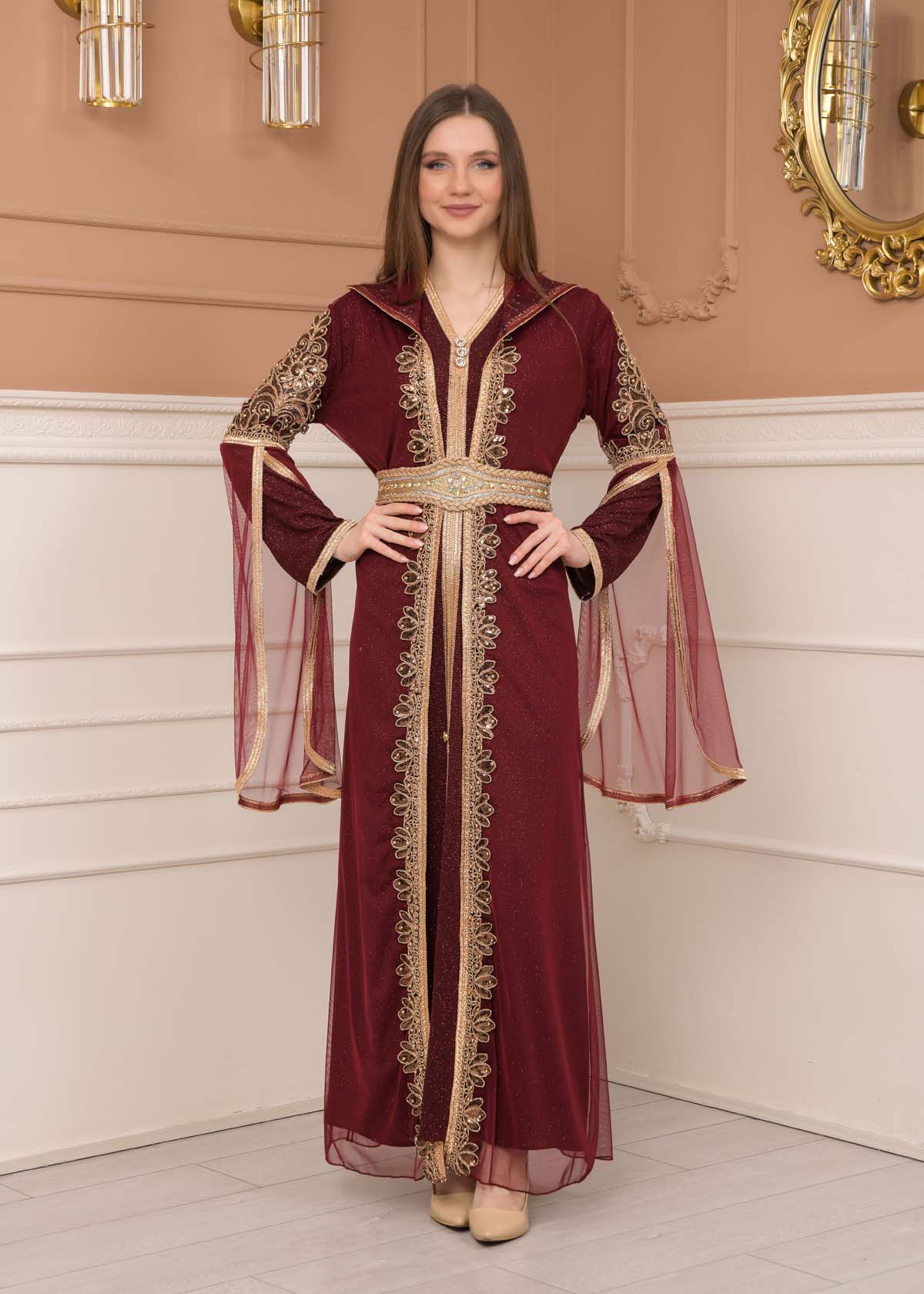 Belted, Lace, Silvery Caftan Evening Dress 4108 - burgundy