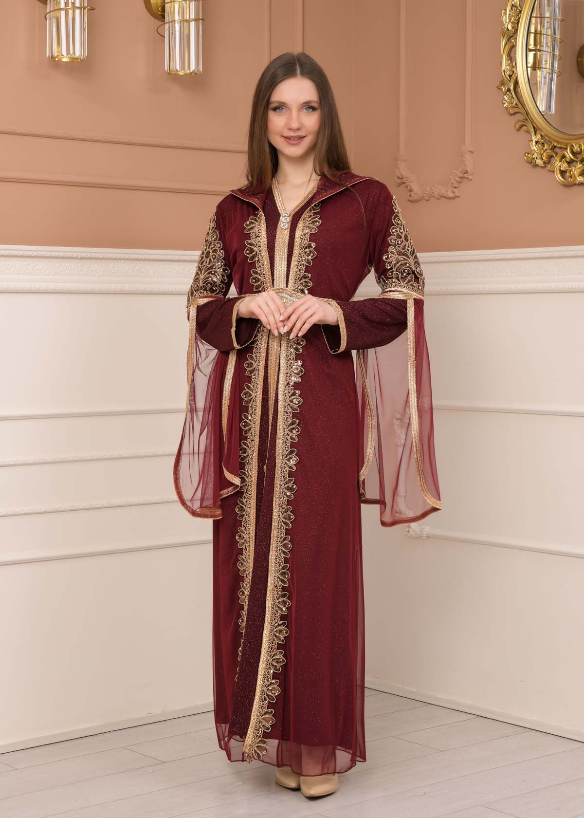 Belted, Lace, Silvery Caftan Evening Dress 4108 - burgundy