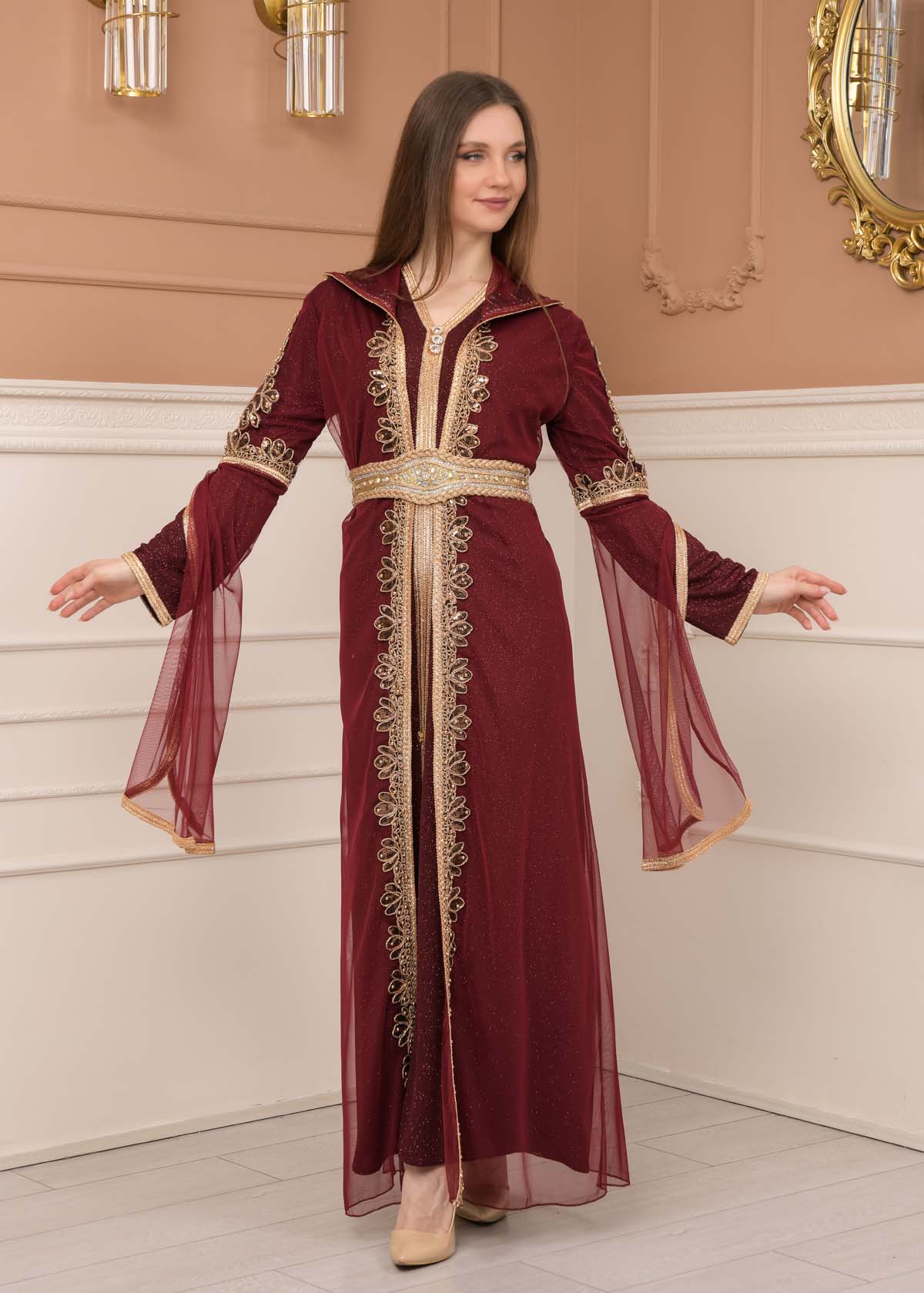 Belted, Lace, Silvery Caftan Evening Dress 4108 - burgundy