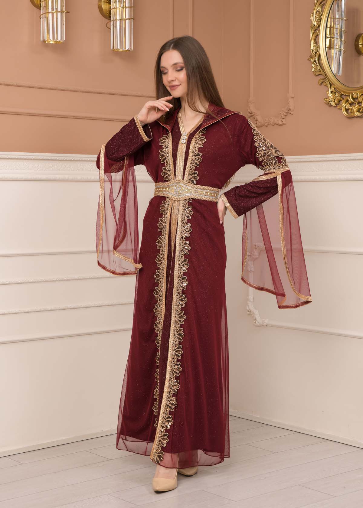 Belted, Lace, Silvery Caftan Evening Dress 4108 - burgundy