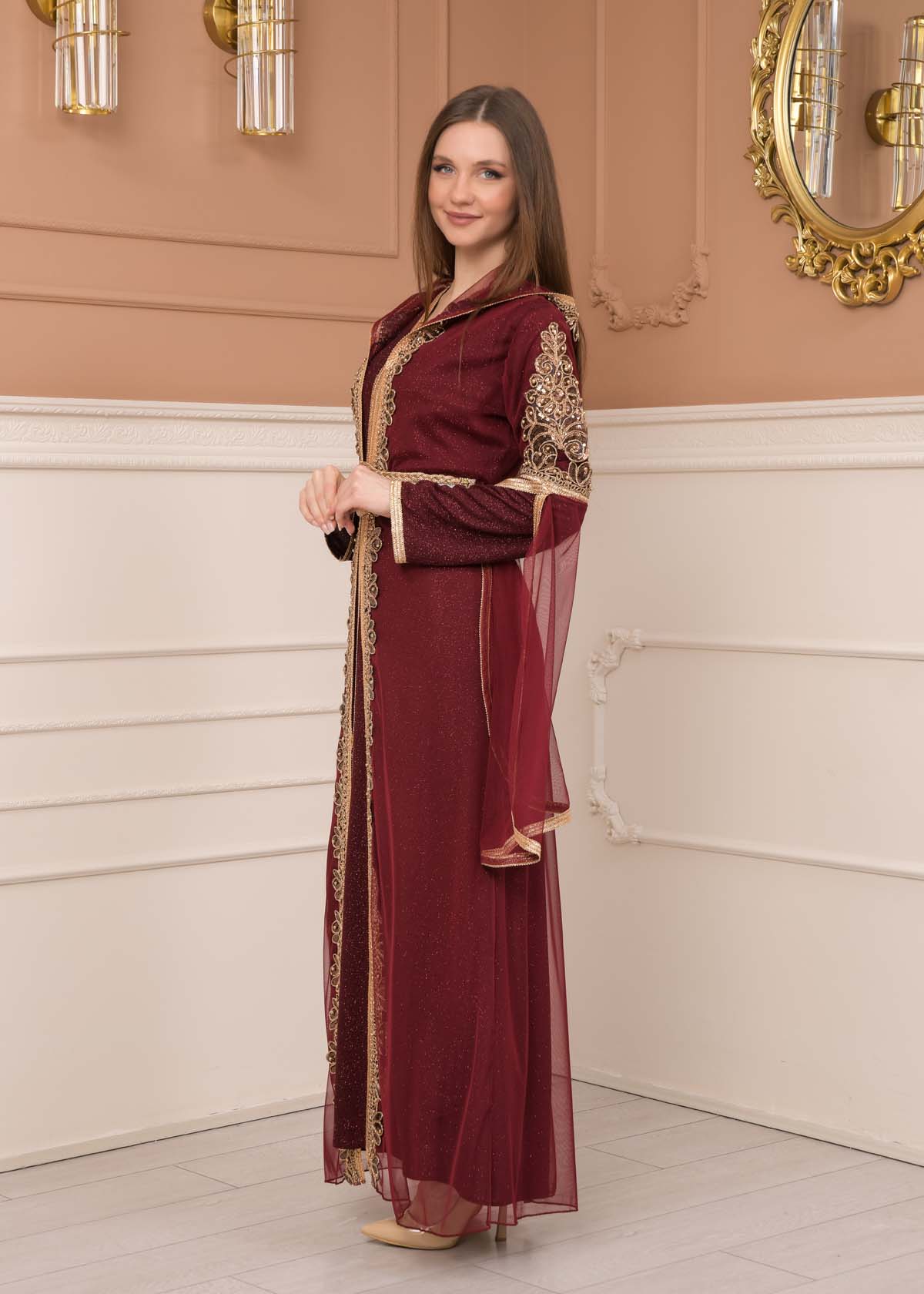 Belted, Lace, Silvery Caftan Evening Dress 4108 - burgundy