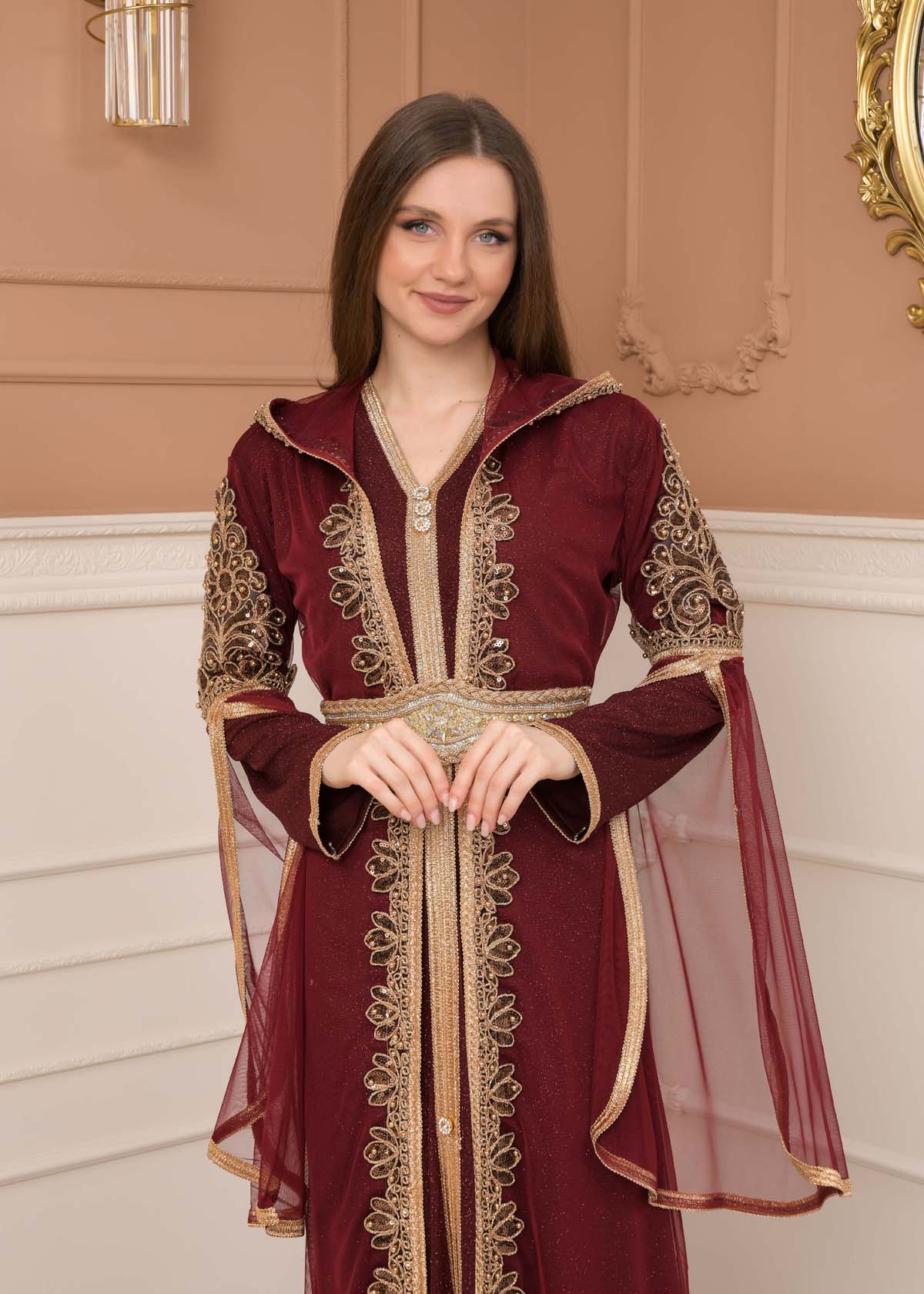 Belted, Lace, Silvery Caftan Evening Dress 4108 - burgundy