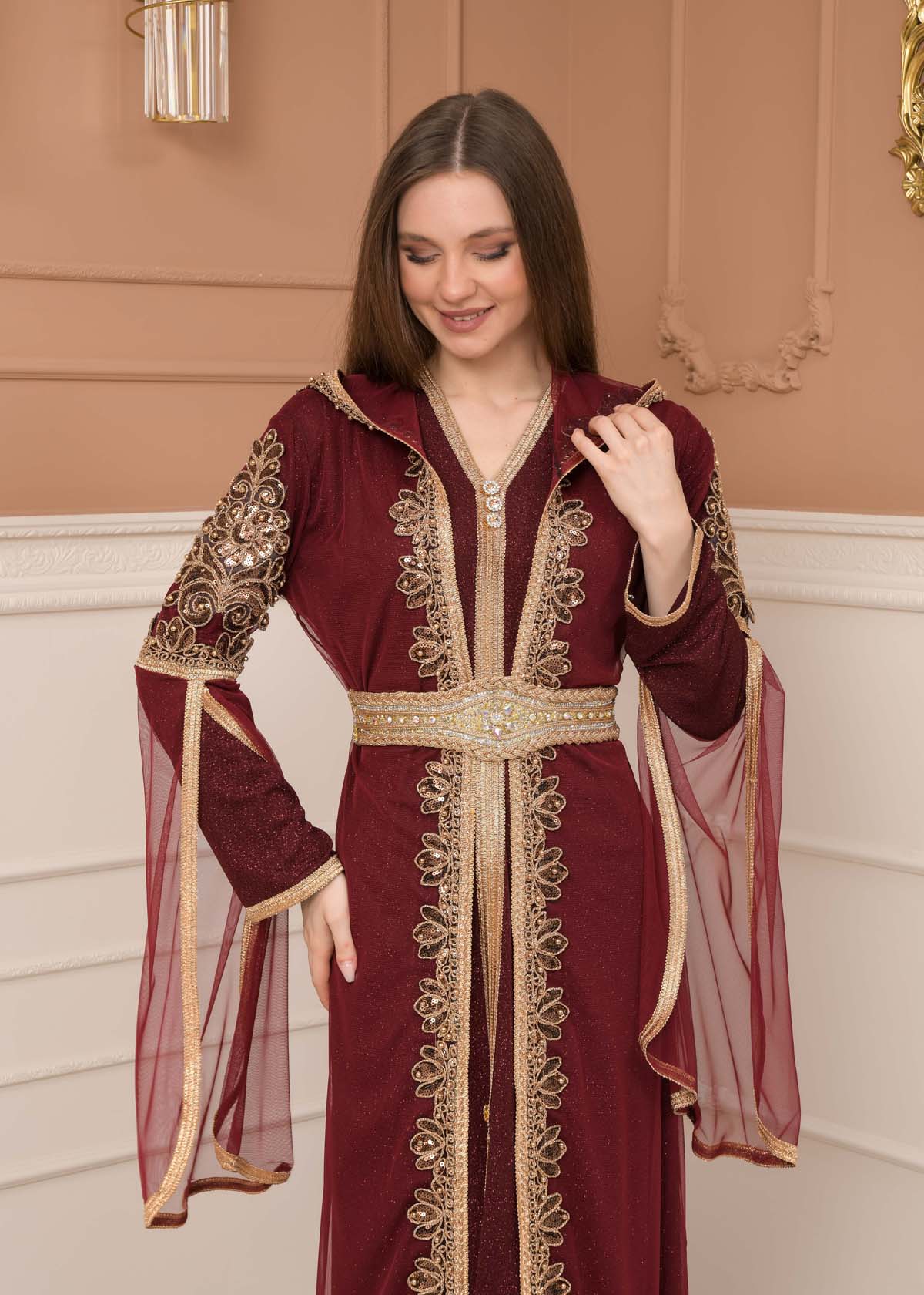 Belted, Lace, Silvery Caftan Evening Dress 4108 - burgundy