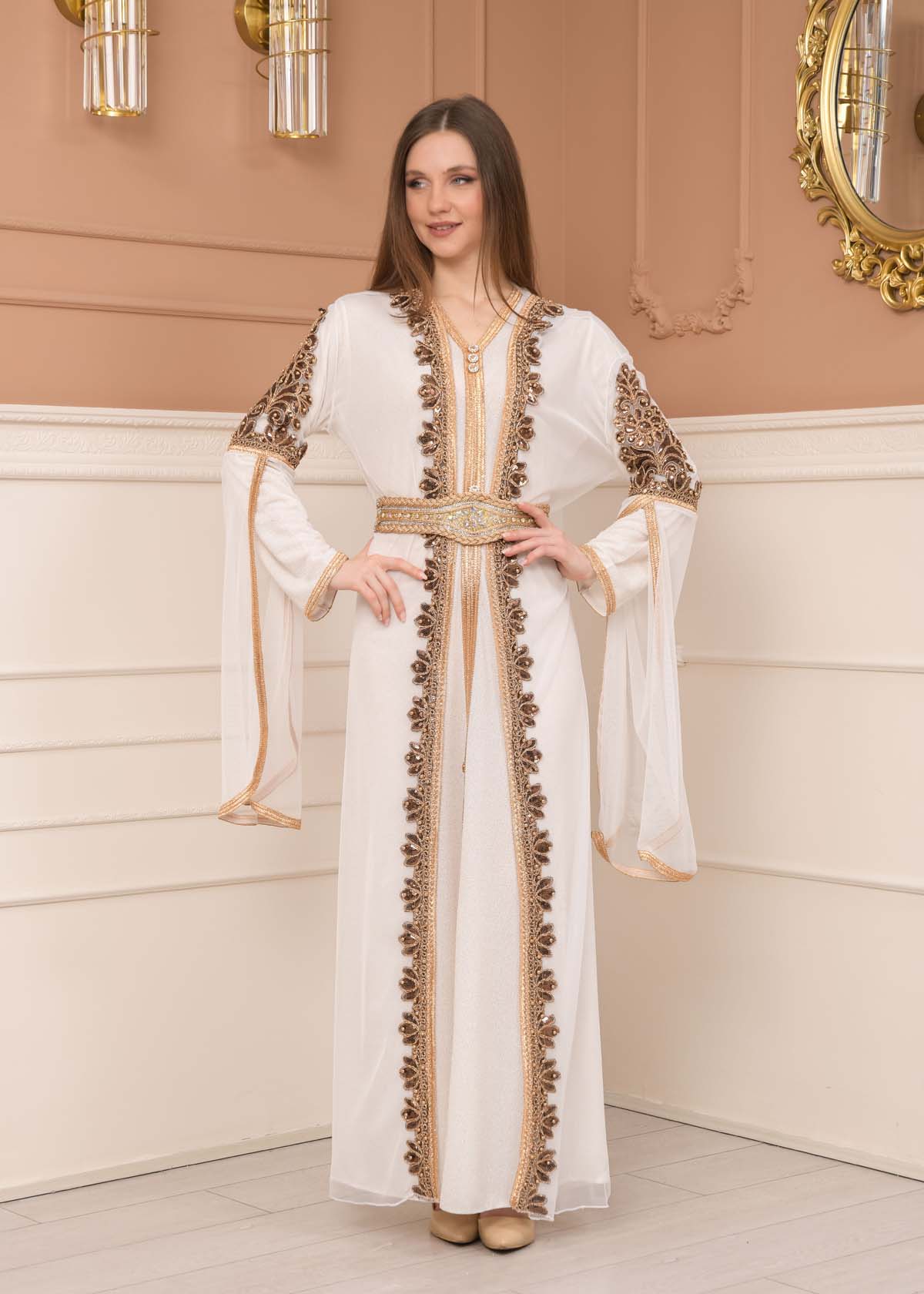 Belted, Lace, Silvery Caftan Evening Dress 4108 - white