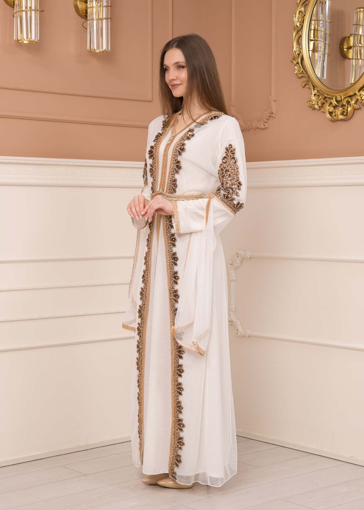 Belted, Lace, Silvery Caftan Evening Dress 4108 - white