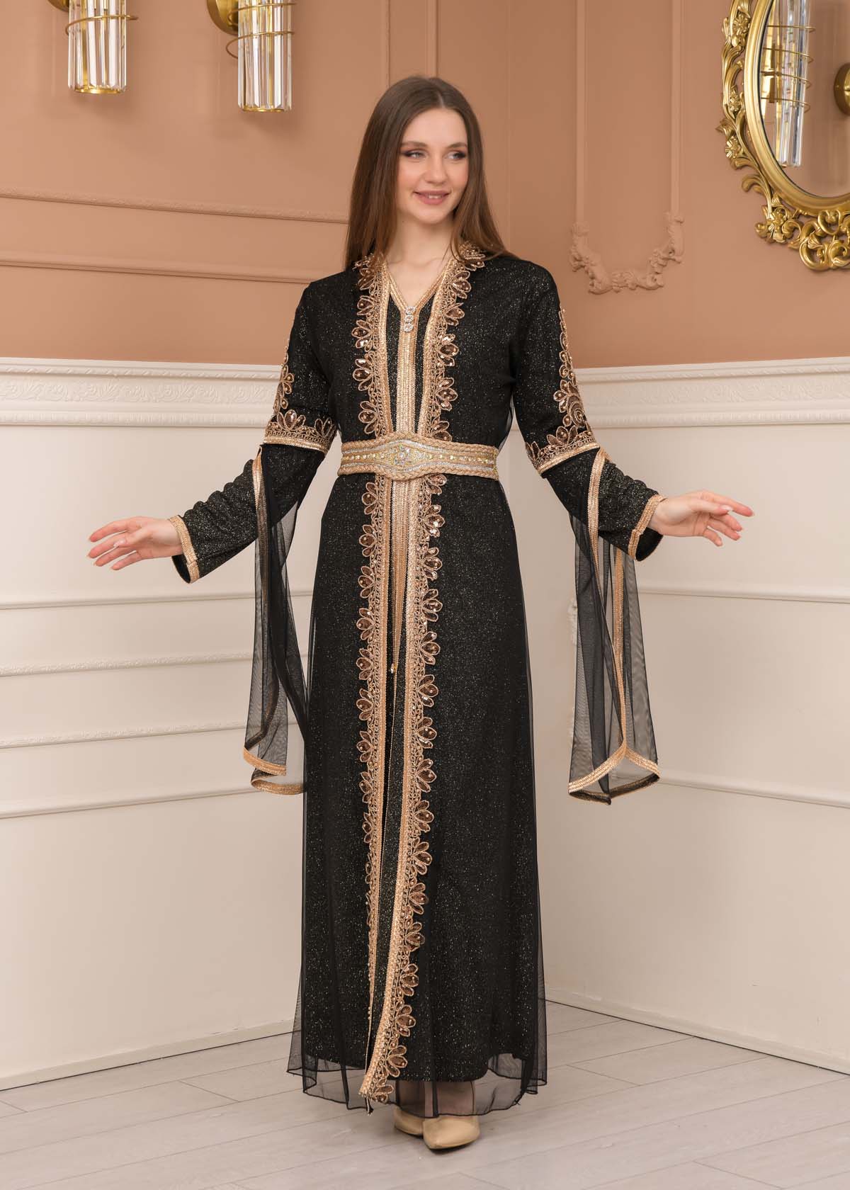 Belted, Lace, Silvery Caftan Evening Dress 4108 - black