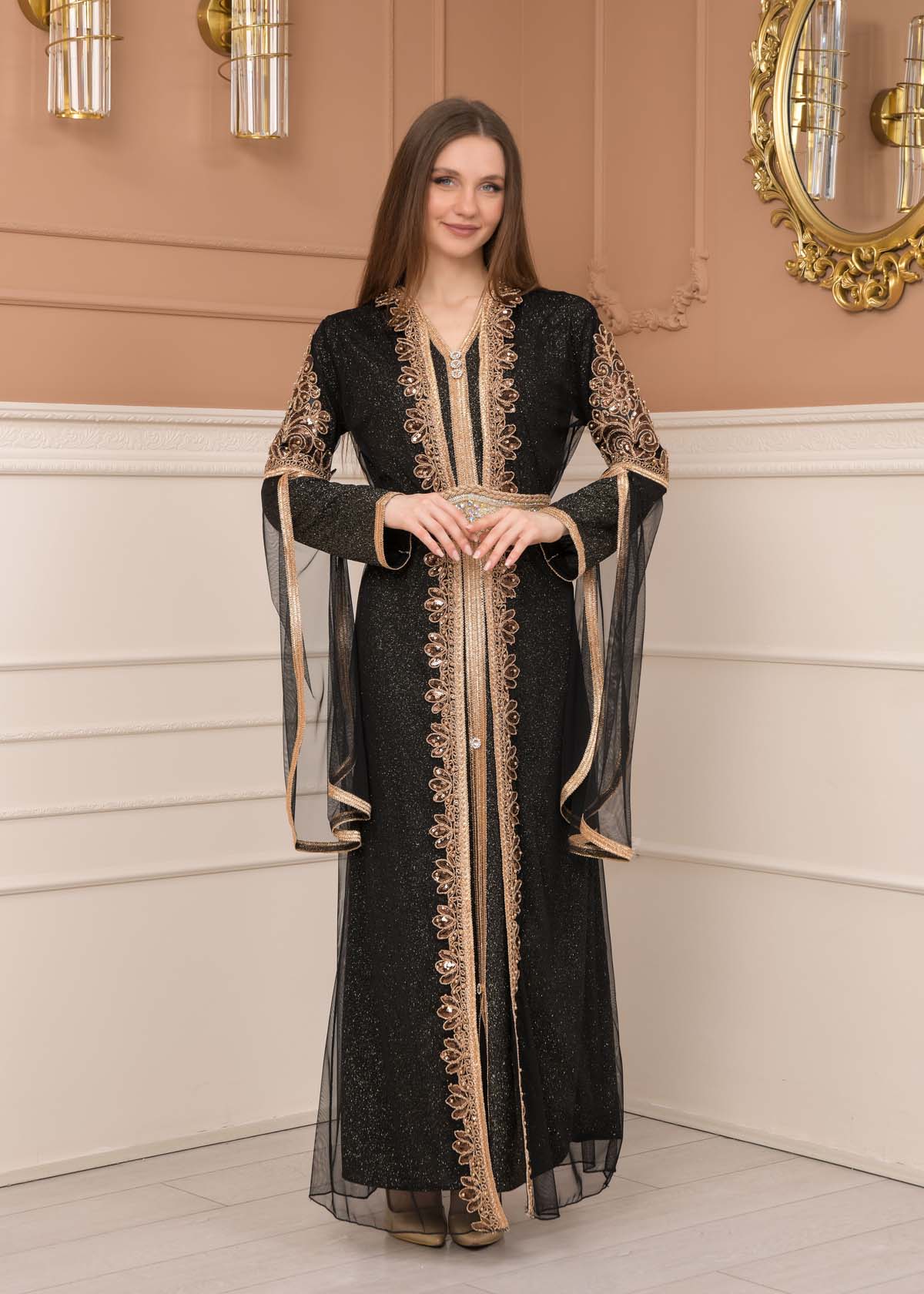 Belted, Lace, Silvery Caftan Evening Dress 4108 - black