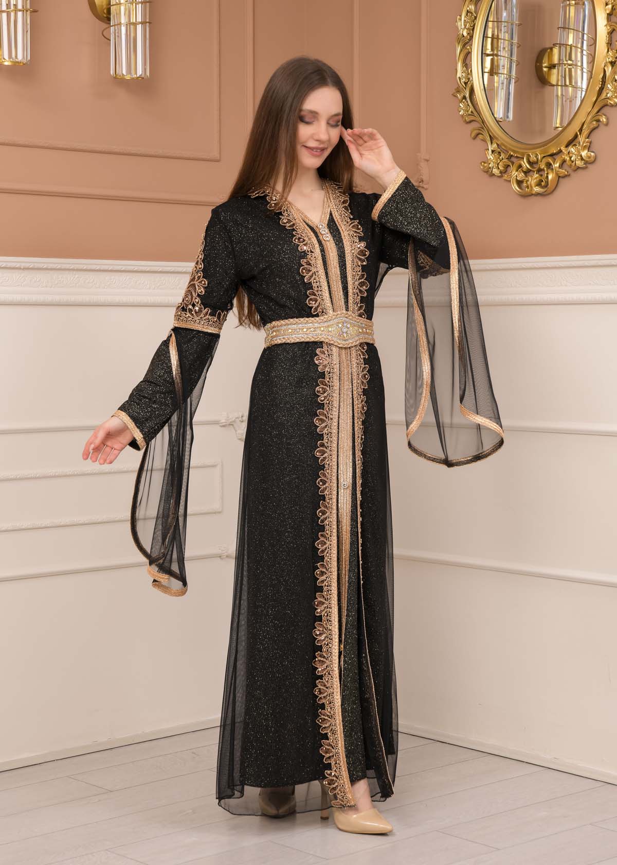 Belted, Lace, Silvery Caftan Evening Dress 4108 - black