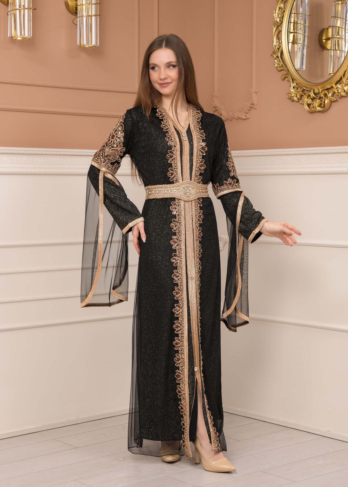 Belted, Lace, Silvery Caftan Evening Dress 4108 - black