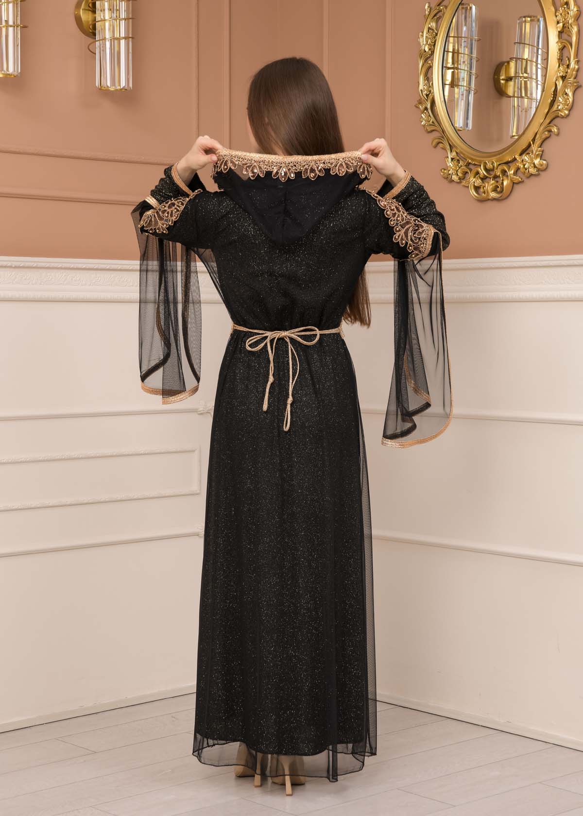 Belted, Lace, Silvery Caftan Evening Dress 4108 - black