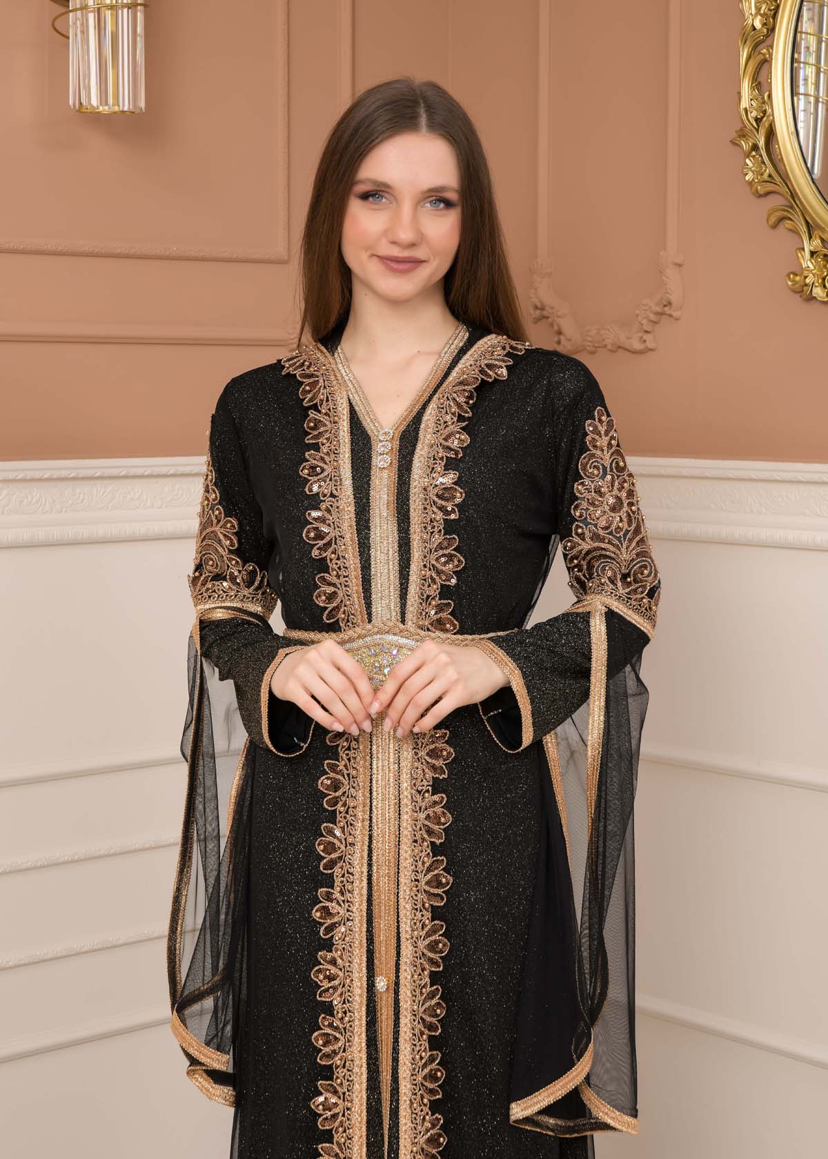 Belted, Lace, Silvery Caftan Evening Dress 4108 - black