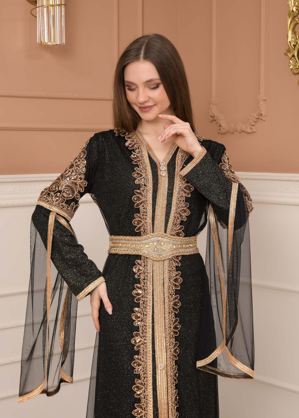 Belted, Lace, Silvery Caftan Evening Dress 4108 - black