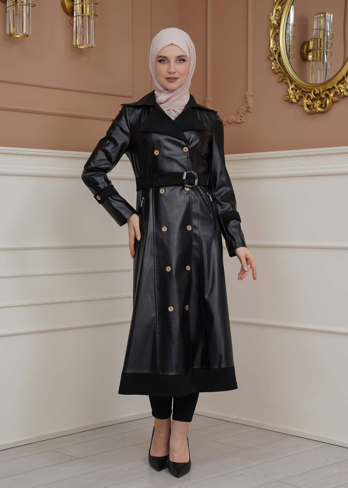 Belted Buttons Leather Trench Coat 1334 - black