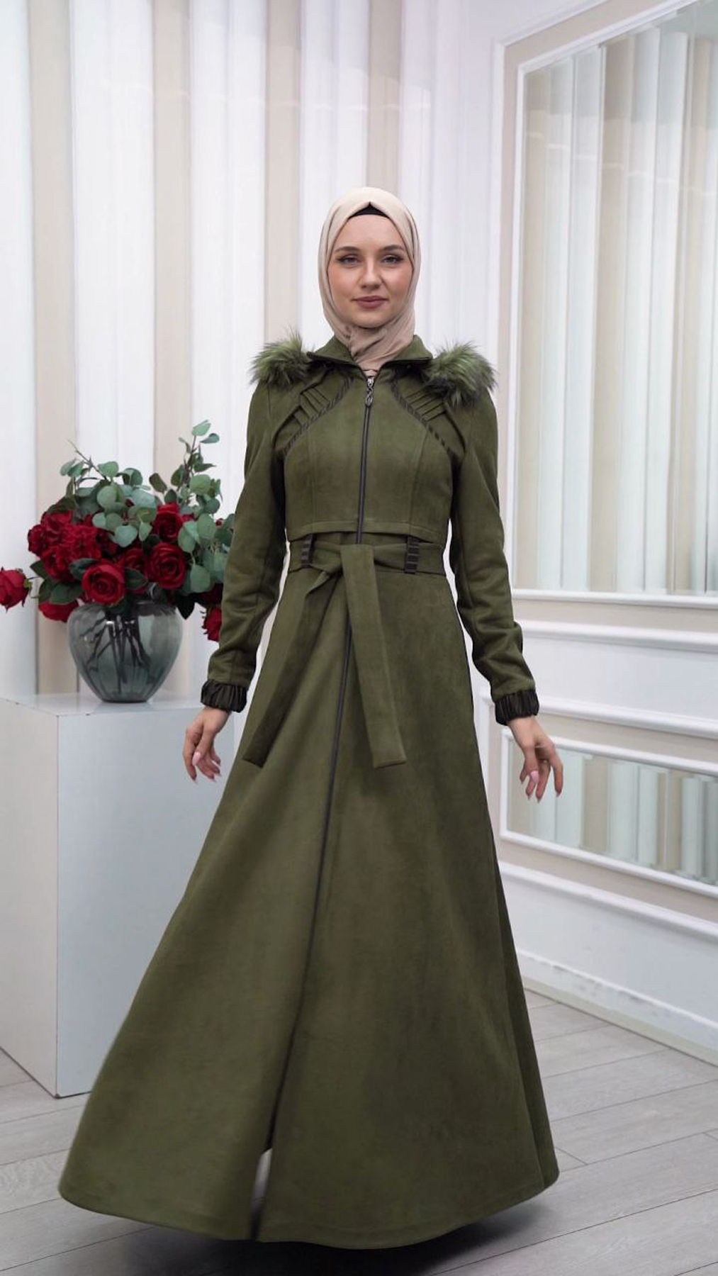 FUR HOODED BELT HIJAB SUET TOPCOAT 1340 - khaki