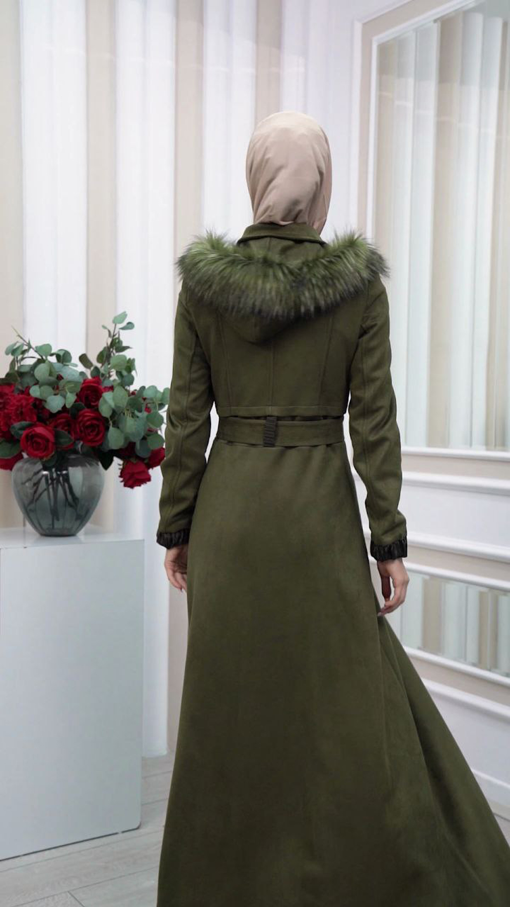 FUR HOODED BELT HIJAB SUET TOPCOAT 1340 Haki