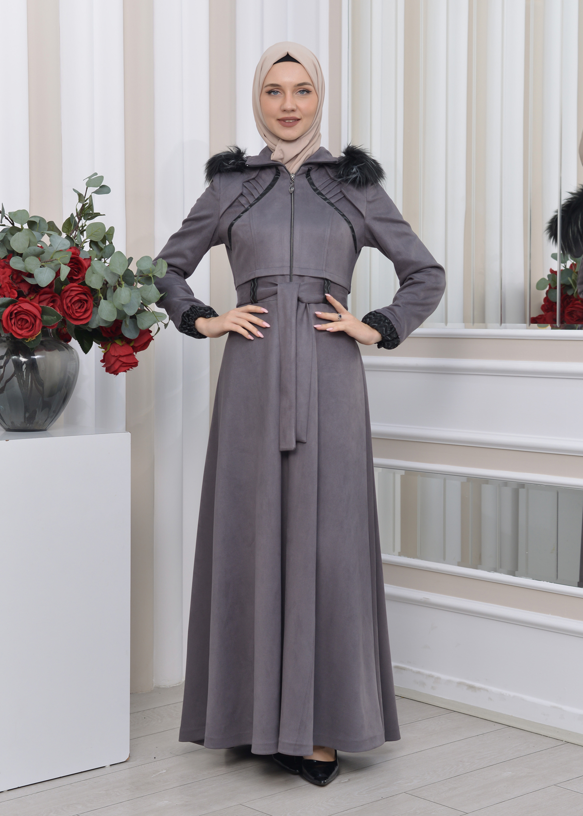 FUR HOODED BELT HIJAB SUET TOPCOAT 1340 - gray