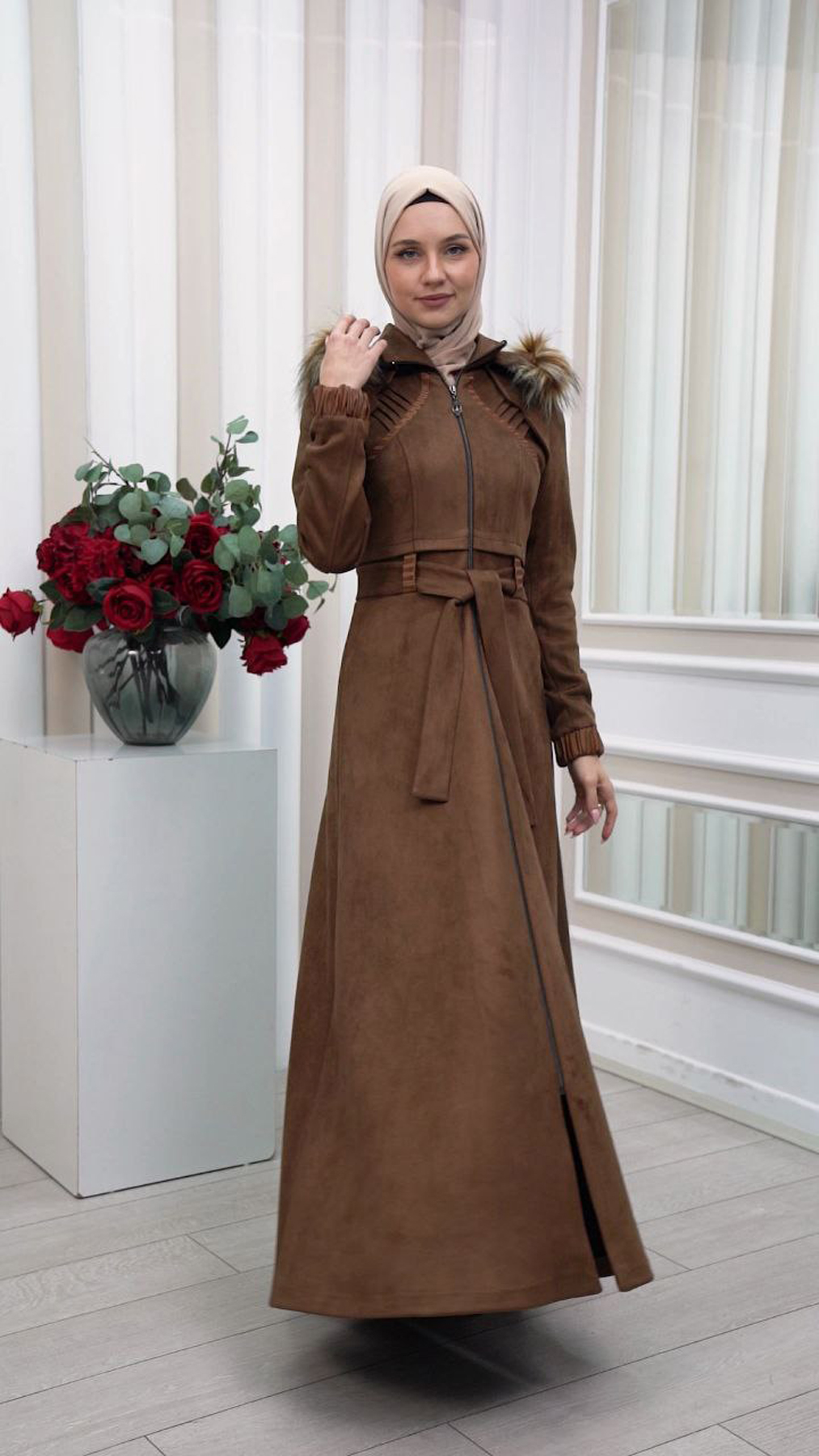 FUR HOODED BELT HIJAB SUET TOPCOAT 1340 - brown