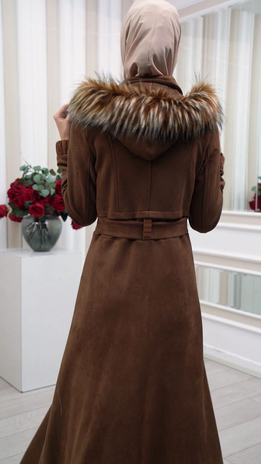 FUR HOODED BELT HIJAB SUET TOPCOAT 1340 Kahverengi