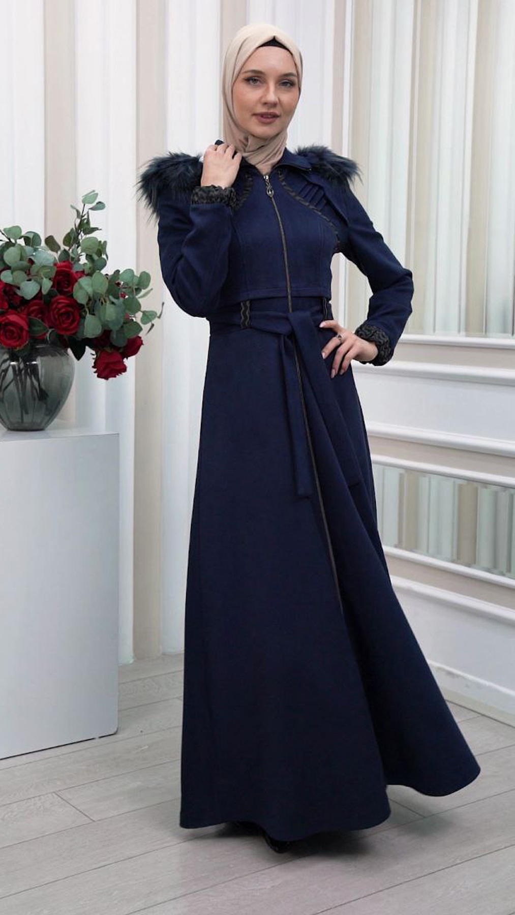 FUR HOODED BELT HIJAB SUET TOPCOAT 1340 - deep blue