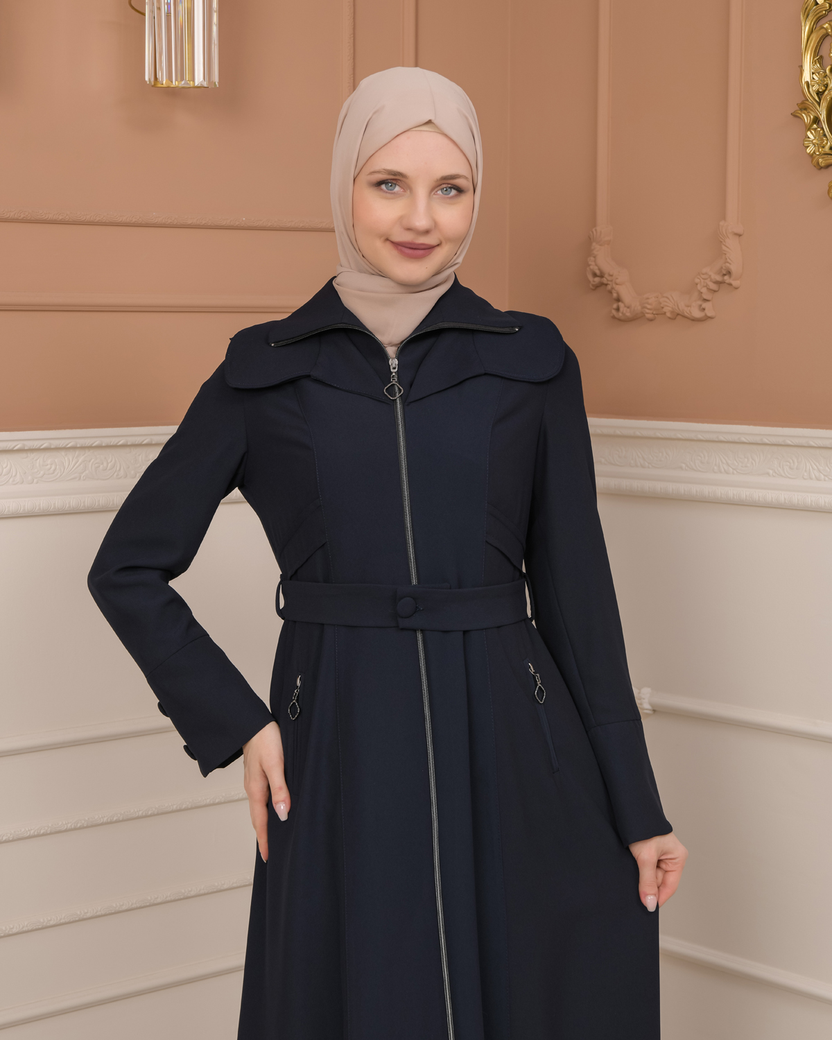 Belted Zippered Clarita Hooded Topcoat 1224 - deep blue