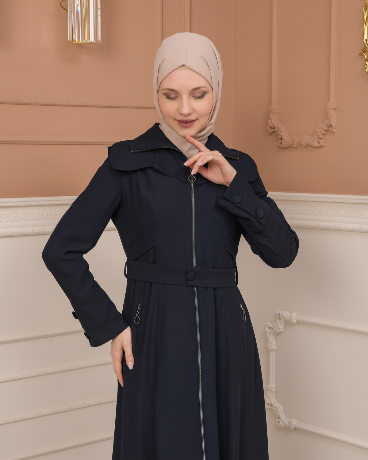 Belted Zippered Clarita Hooded Topcoat 1224 - deep blue