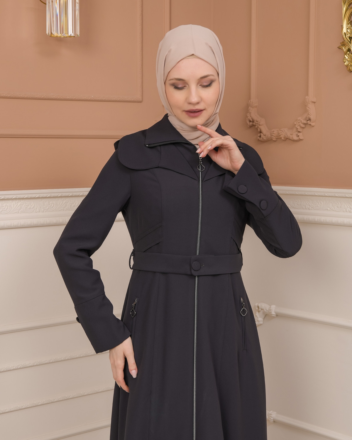 Belted Zippered Clarita Hooded Topcoat 1224 - Antrasıt