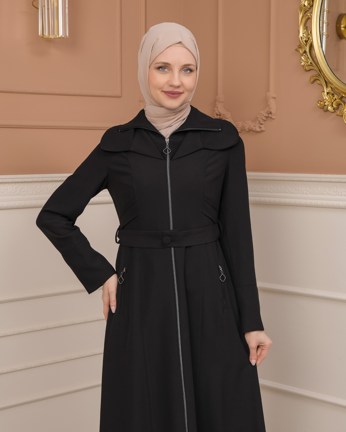 Belted Zippered Clarita Hooded Topcoat 1224 - black