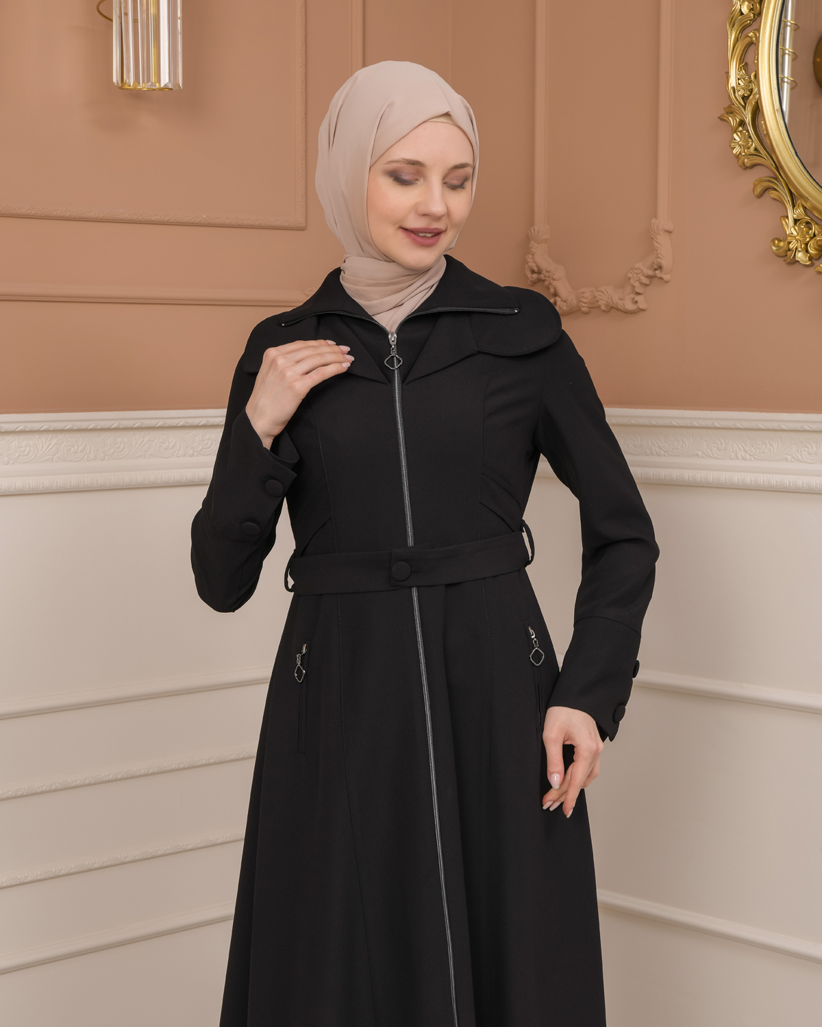 Belted Zippered Clarita Hooded Topcoat 1224 - black