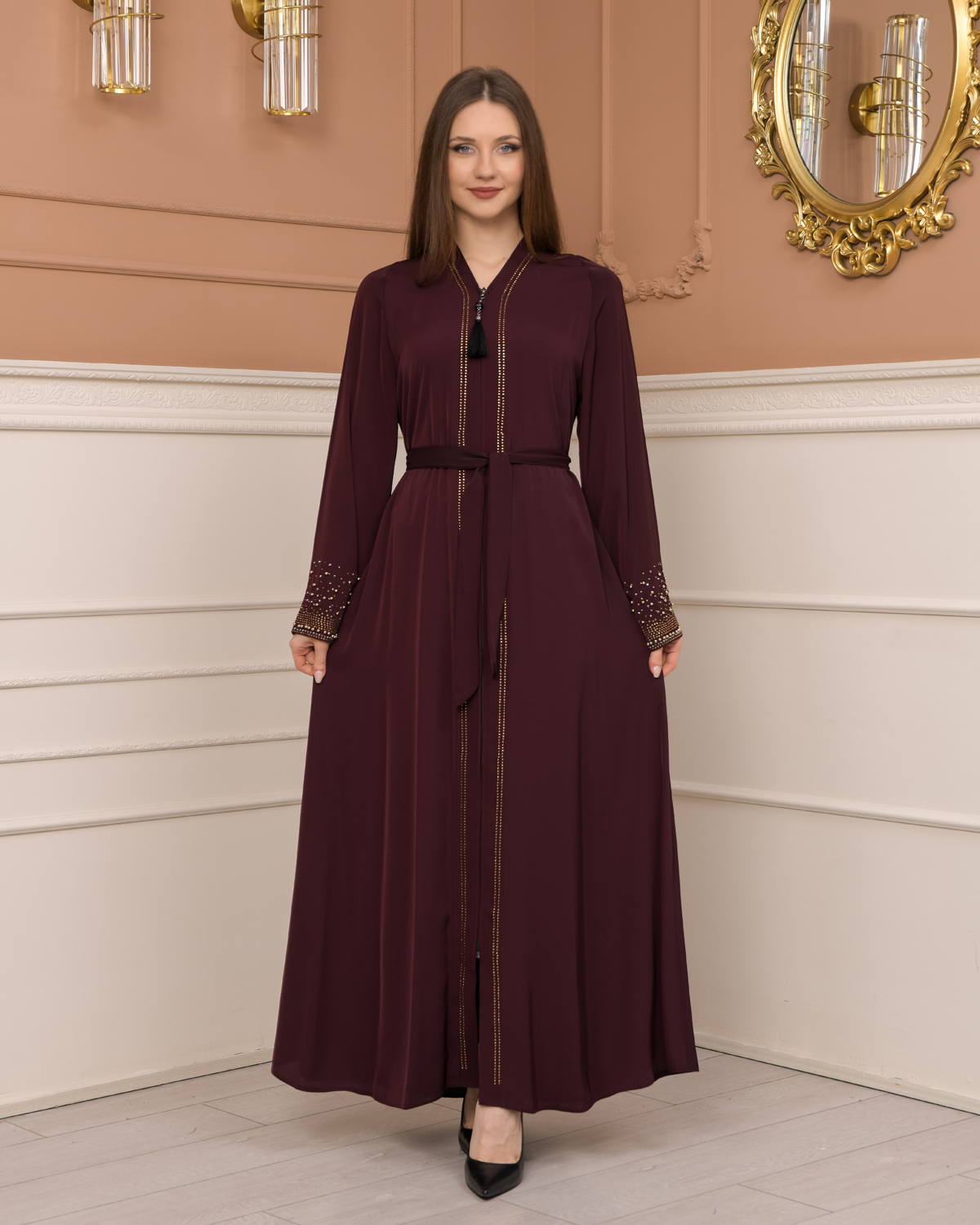 Diamond-Studded Modest Abaya 679 - burgundy