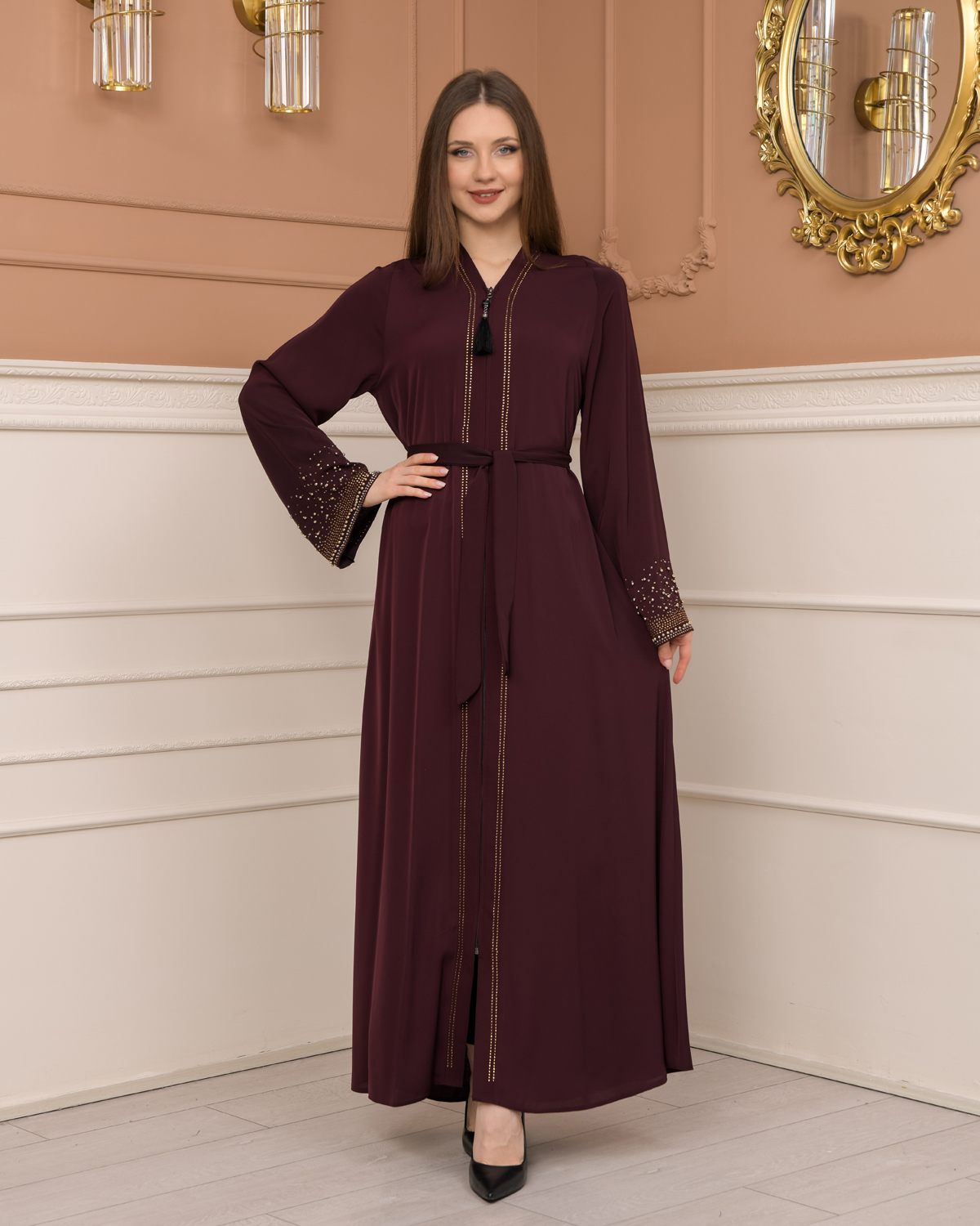 Diamond-Studded Modest Abaya 679 Bordo