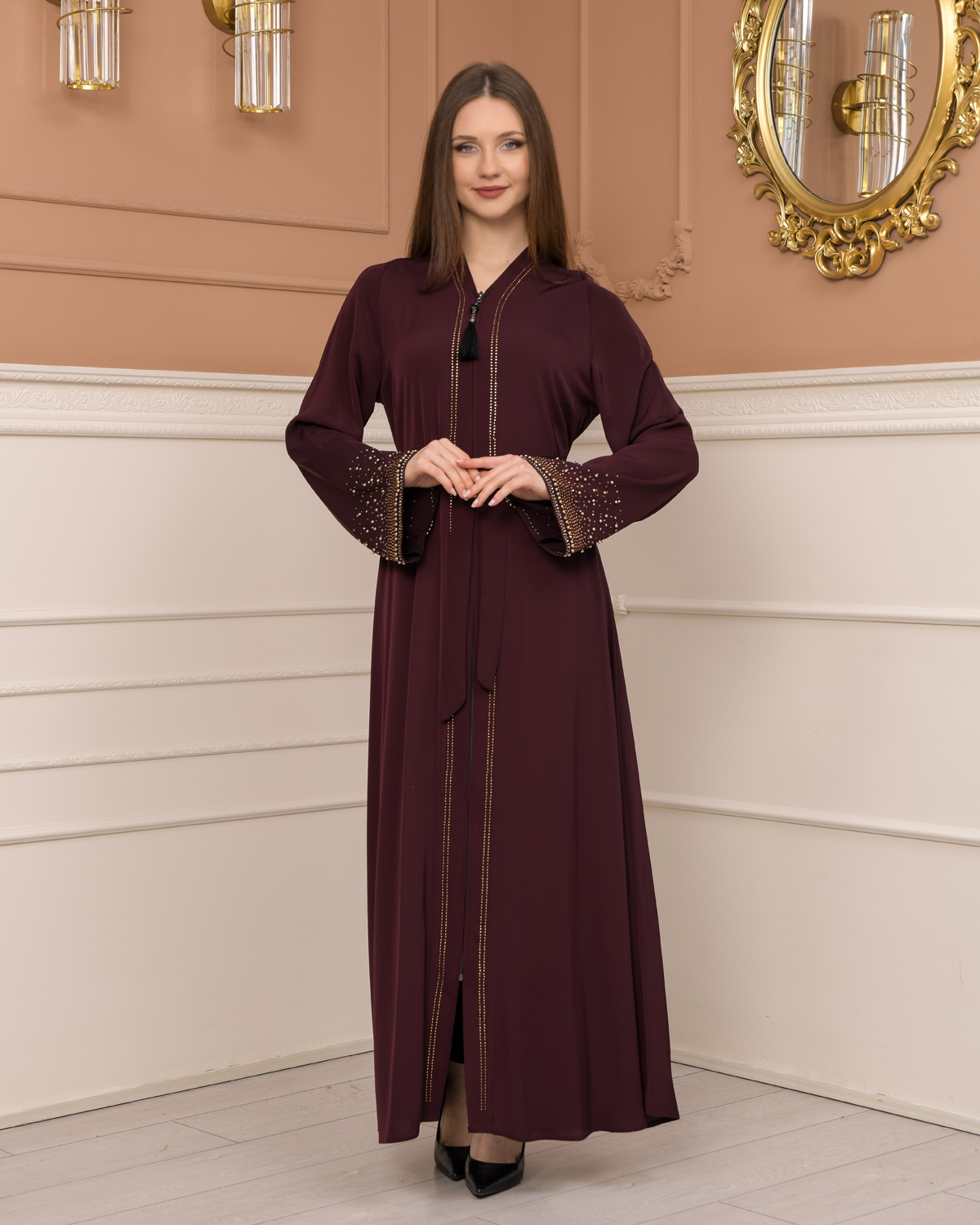 Diamond-Studded Modest Abaya 679 Bordo