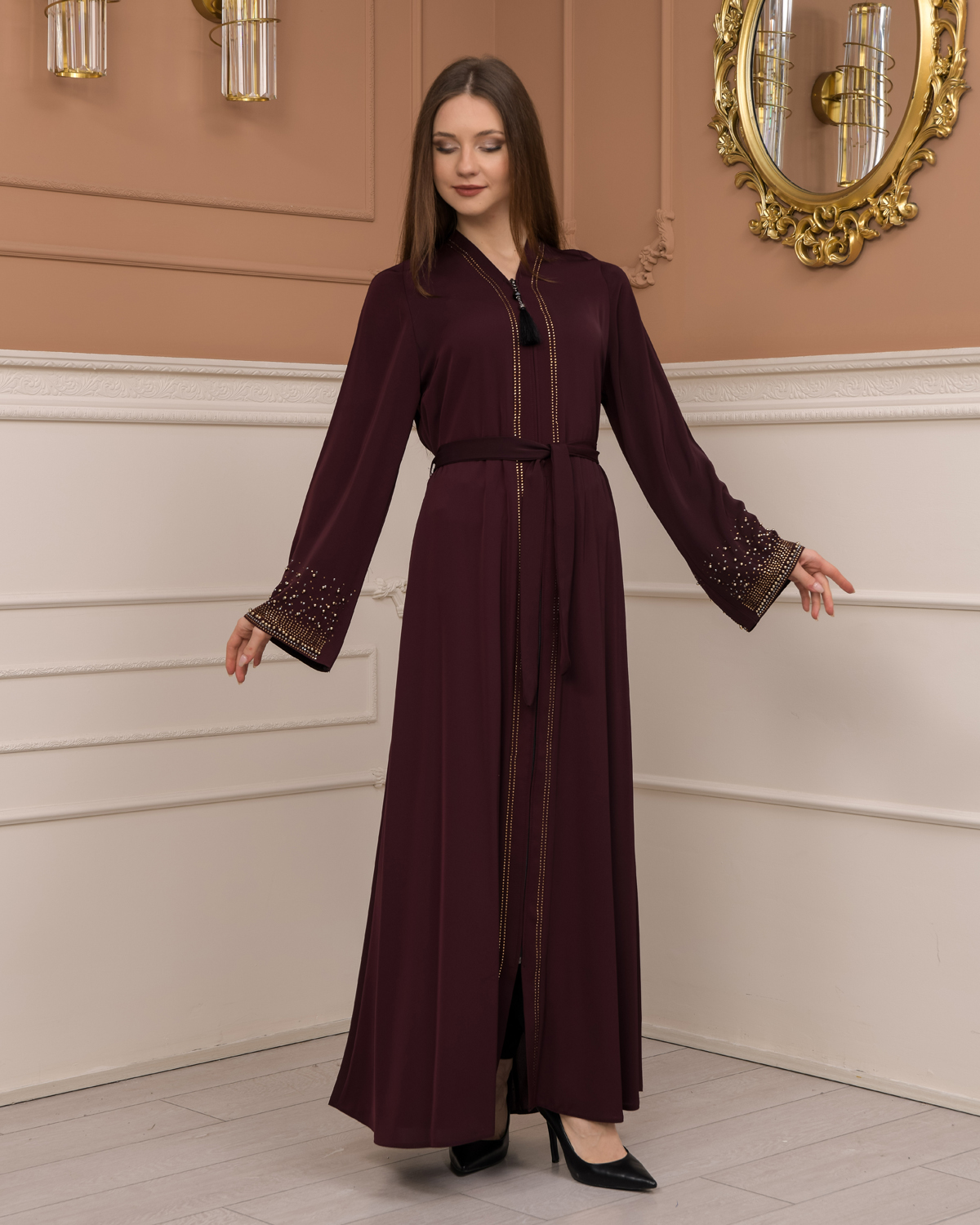 Diamond-Studded Modest Abaya 679 Bordo