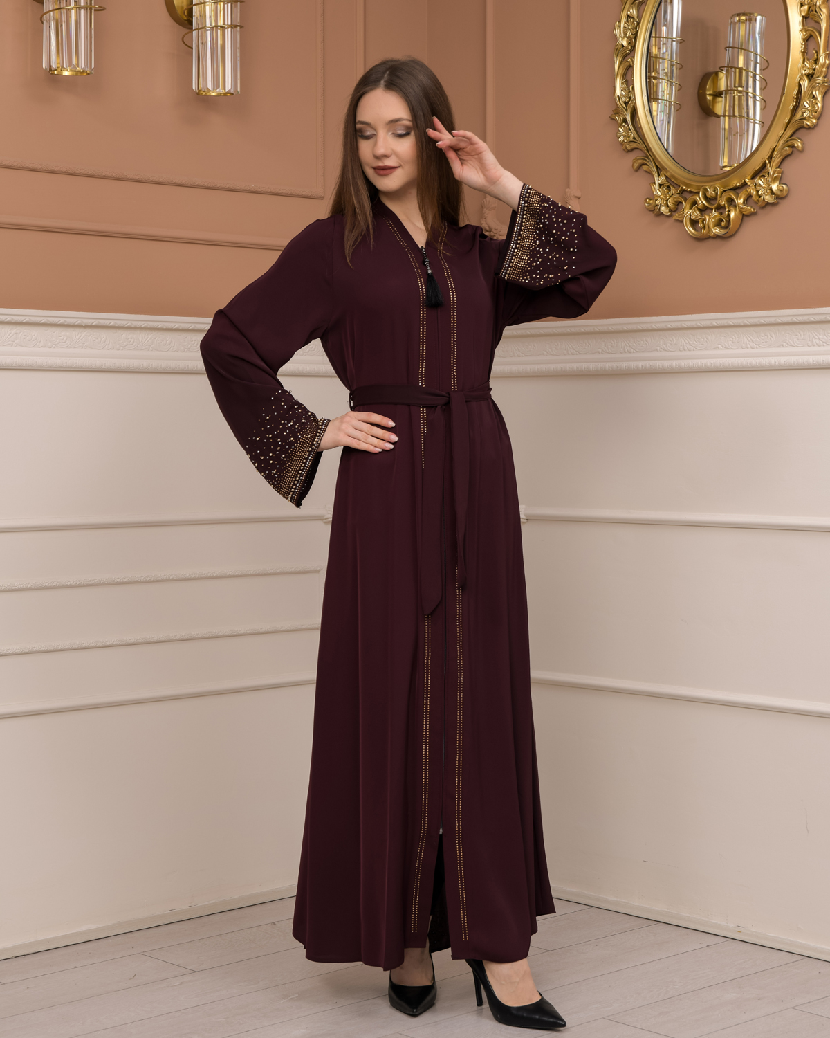 Diamond-Studded Modest Abaya 679 Bordo