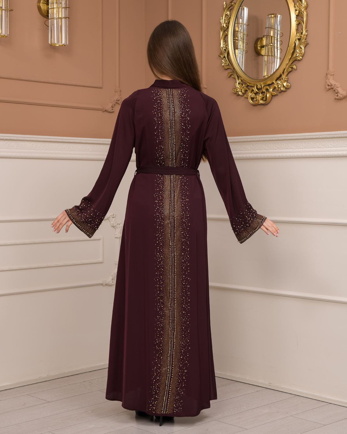 Diamond-Studded Modest Abaya 679 Bordo