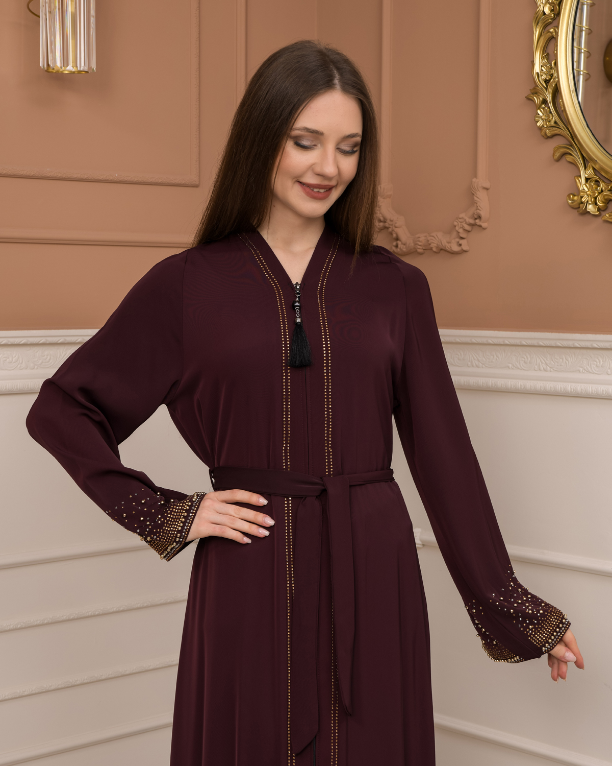 Diamond-Studded Modest Abaya 679 Bordo