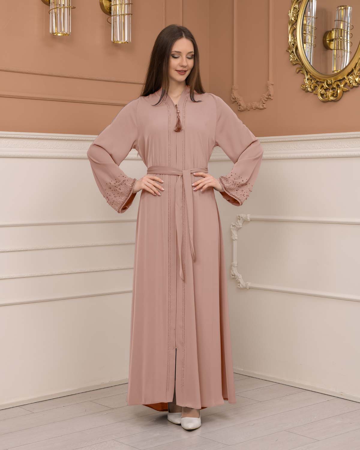 Diamond-Studded Modest Abaya 679 - powder pink/ dusty pink