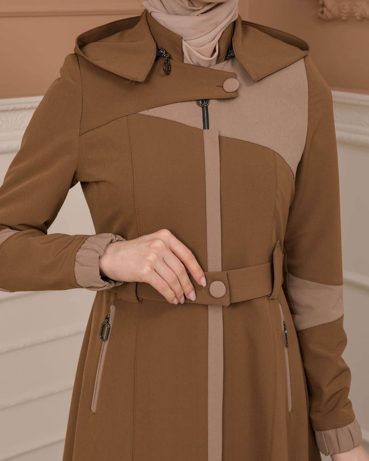 Belted Zippered Parachute Hooded Topcoat 1227 - tan