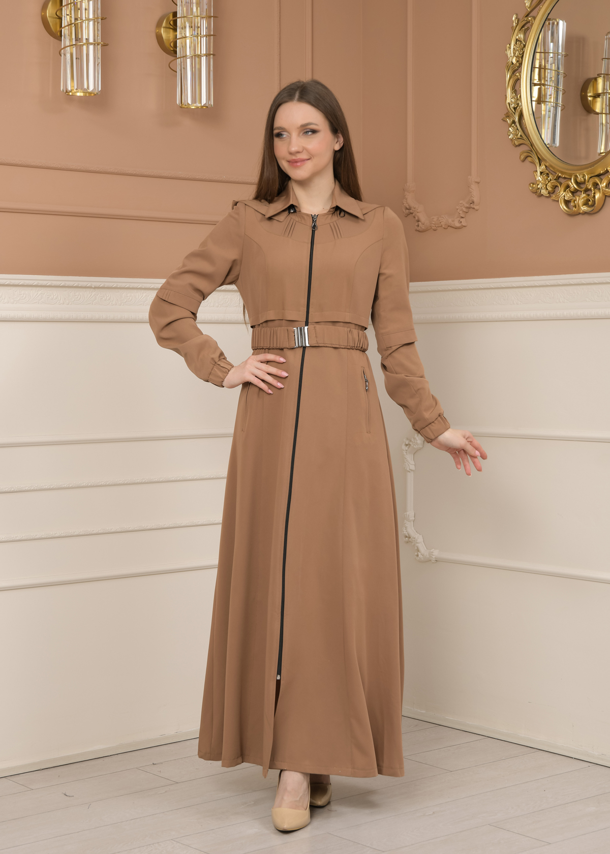 Belted Zippered Prada Hooded Abaya Dress 1228 - beige