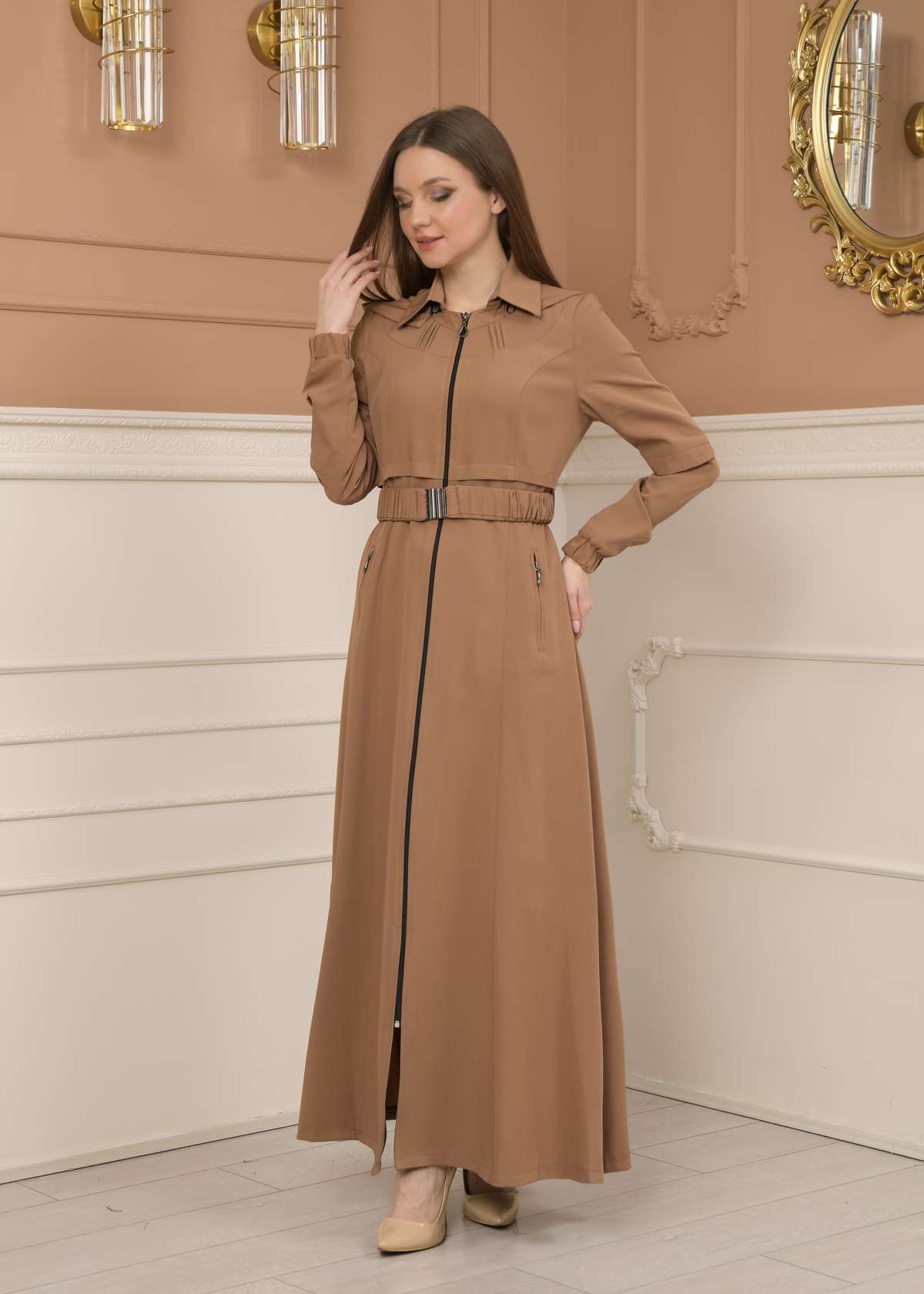 Belted Zippered Prada Hooded Abaya Dress 1228 - beige