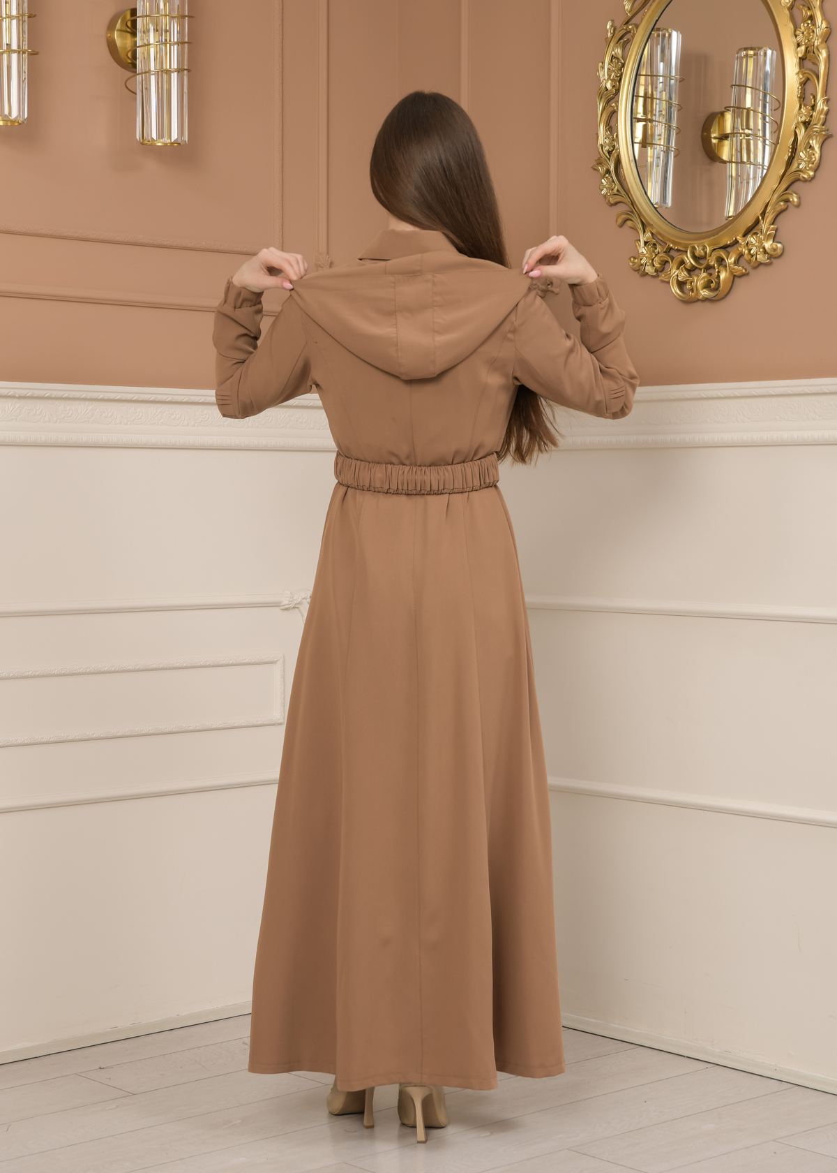 Belted Zippered Prada Hooded Abaya Dress 1228 - beige