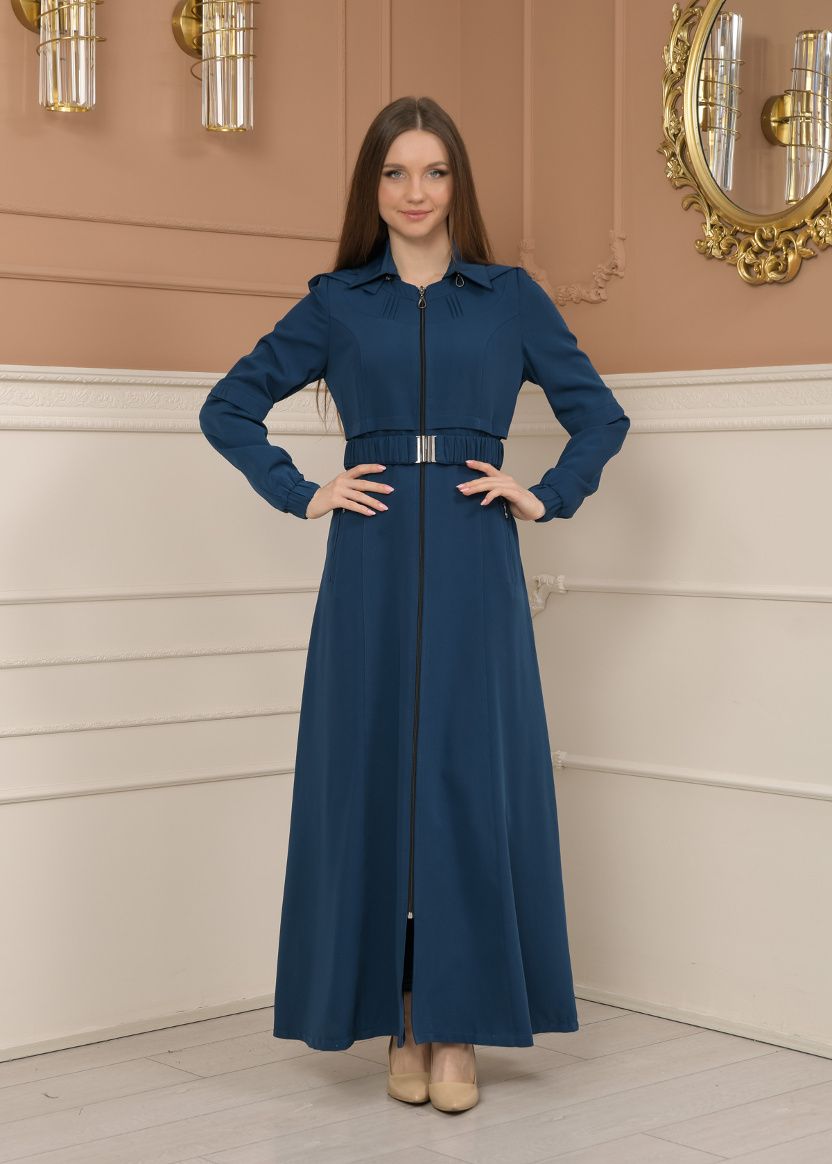 Belted Zippered Prada Hooded Abaya Dress 1228 - turquoise