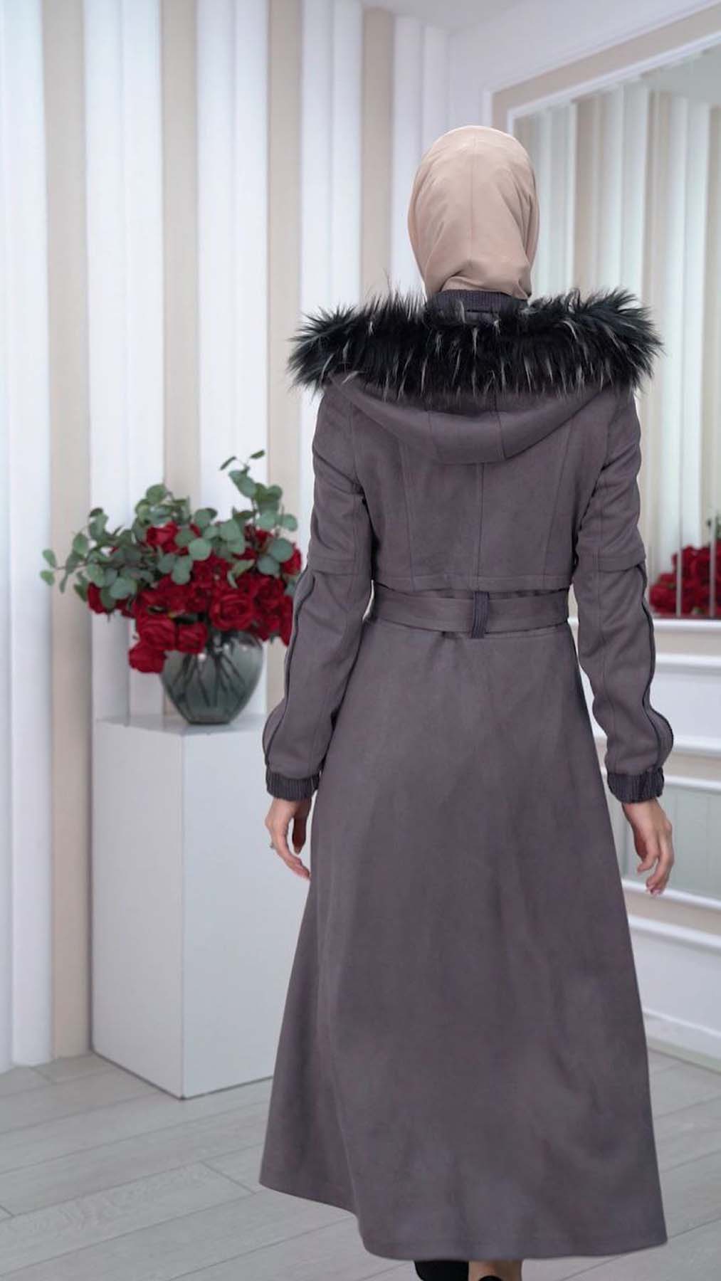 Belted Hooded Fur Suede Trench Coat 1339 Gri 0133900460 998 HIJAB CLOTHING Hijab Topcoat Moda Mix