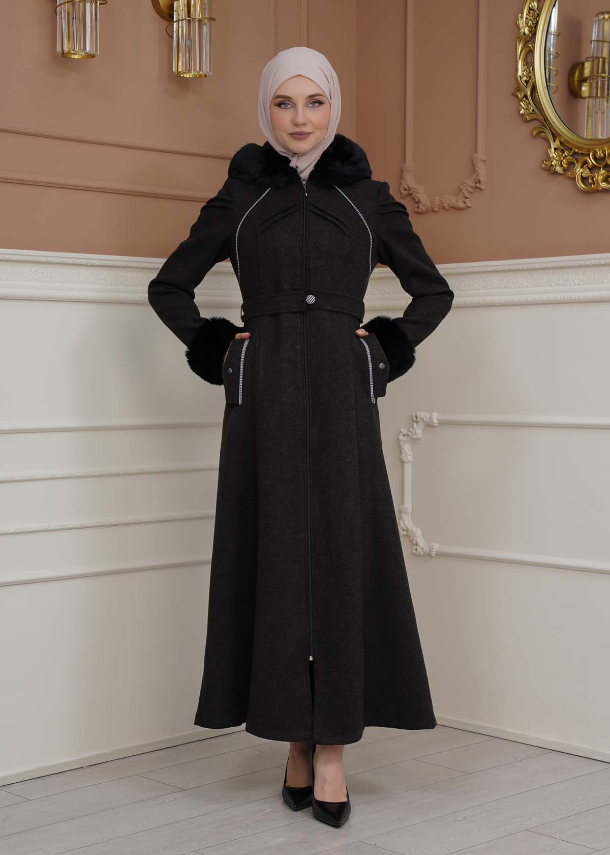 FURRY SLEEVE AND HOOD HIJAB TOPCOAT 1356 - black