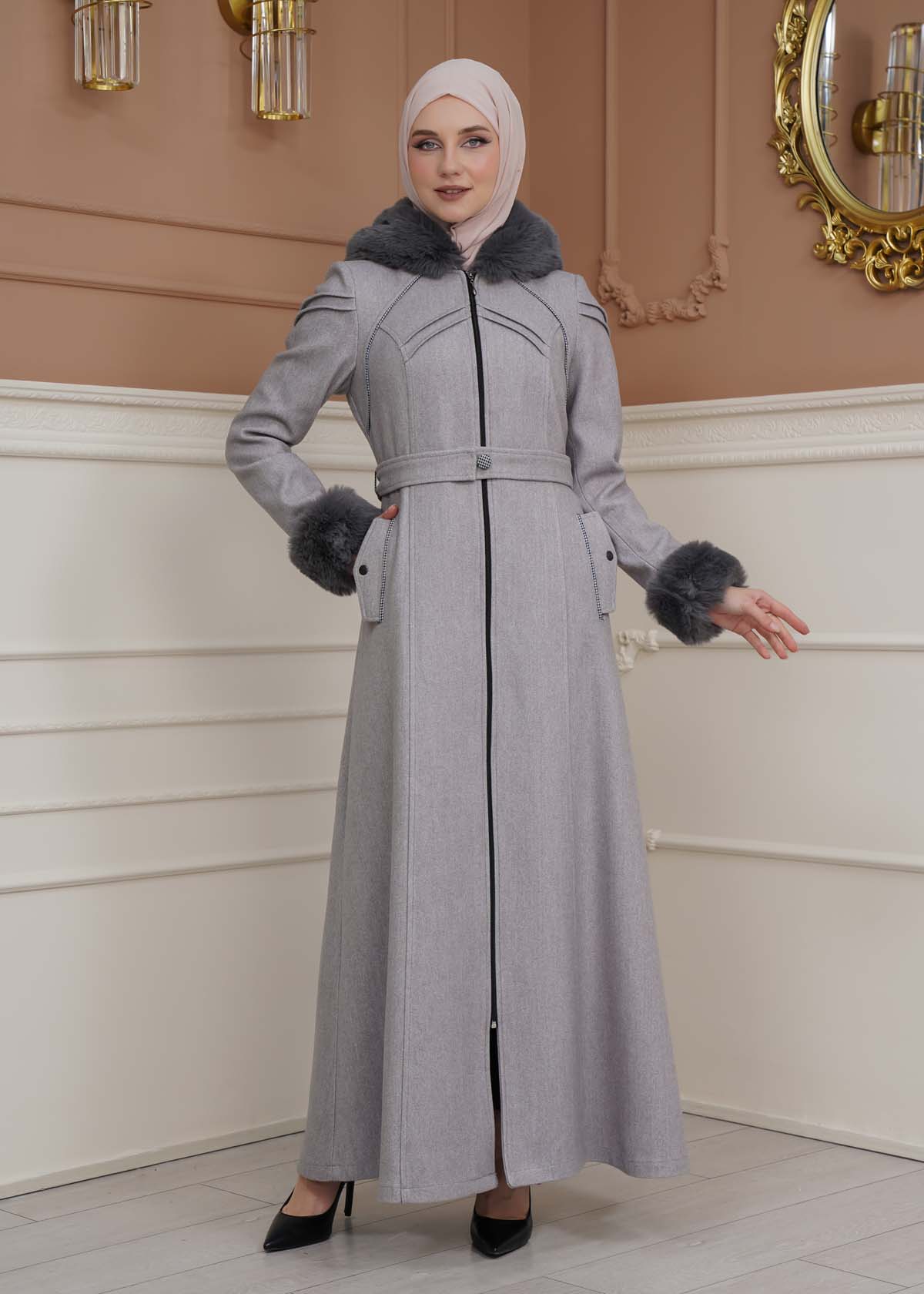 FURRY SLEEVE AND HOOD HIJAB TOPCOAT 1356 - gray