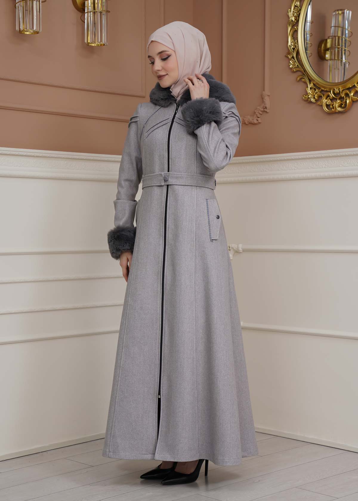 FURRY SLEEVE AND HOOD HIJAB TOPCOAT 1356 Gri