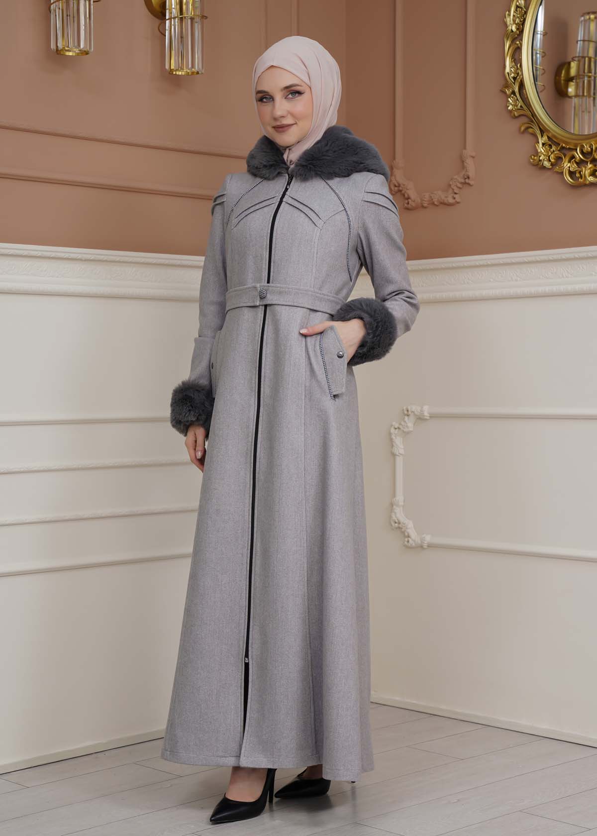 FURRY SLEEVE AND HOOD HIJAB TOPCOAT 1356 Gri