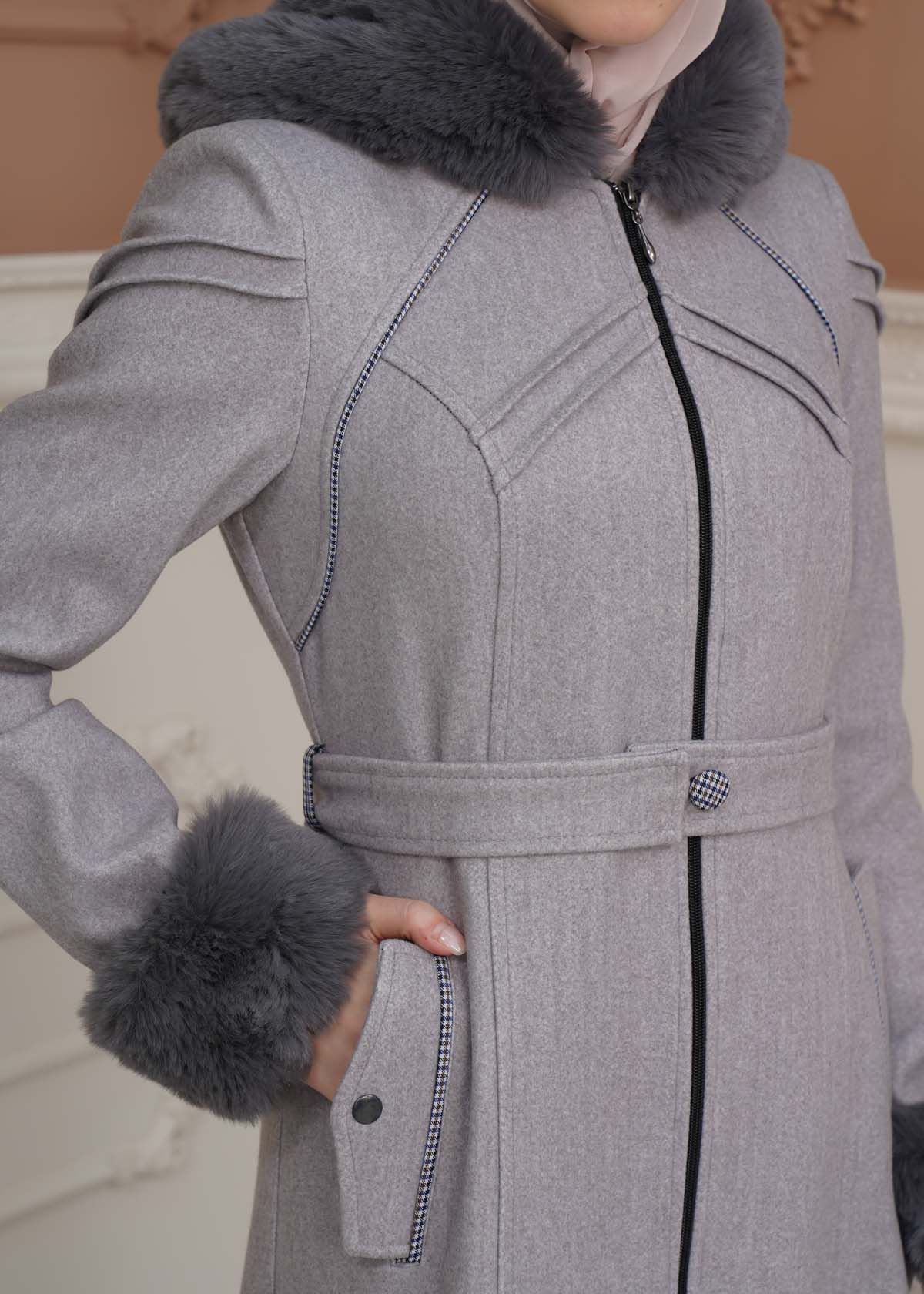 FURRY SLEEVE AND HOOD HIJAB TOPCOAT 1356 Gri