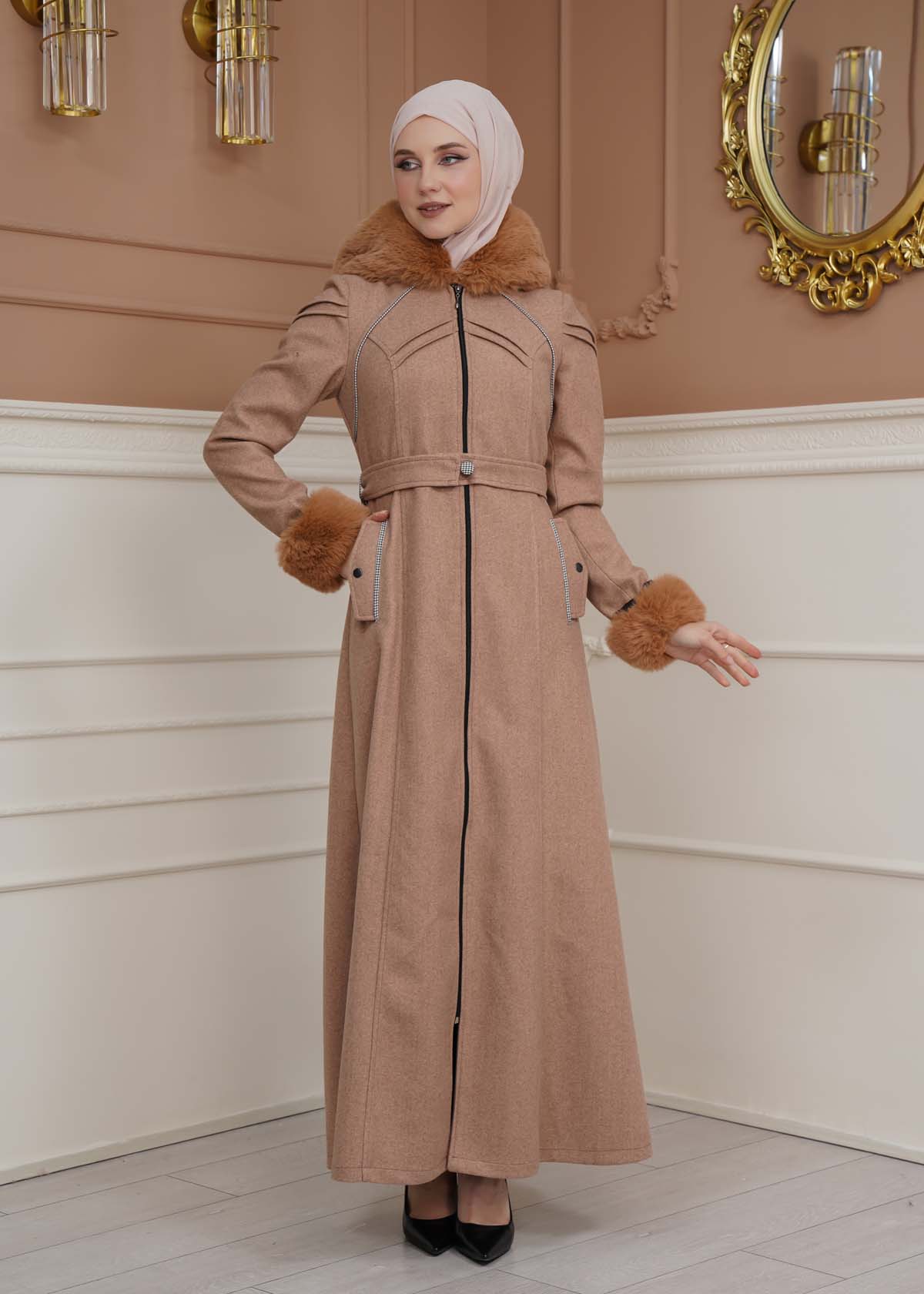 FURRY SLEEVE AND HOOD HIJAB TOPCOAT 1356 - light brown