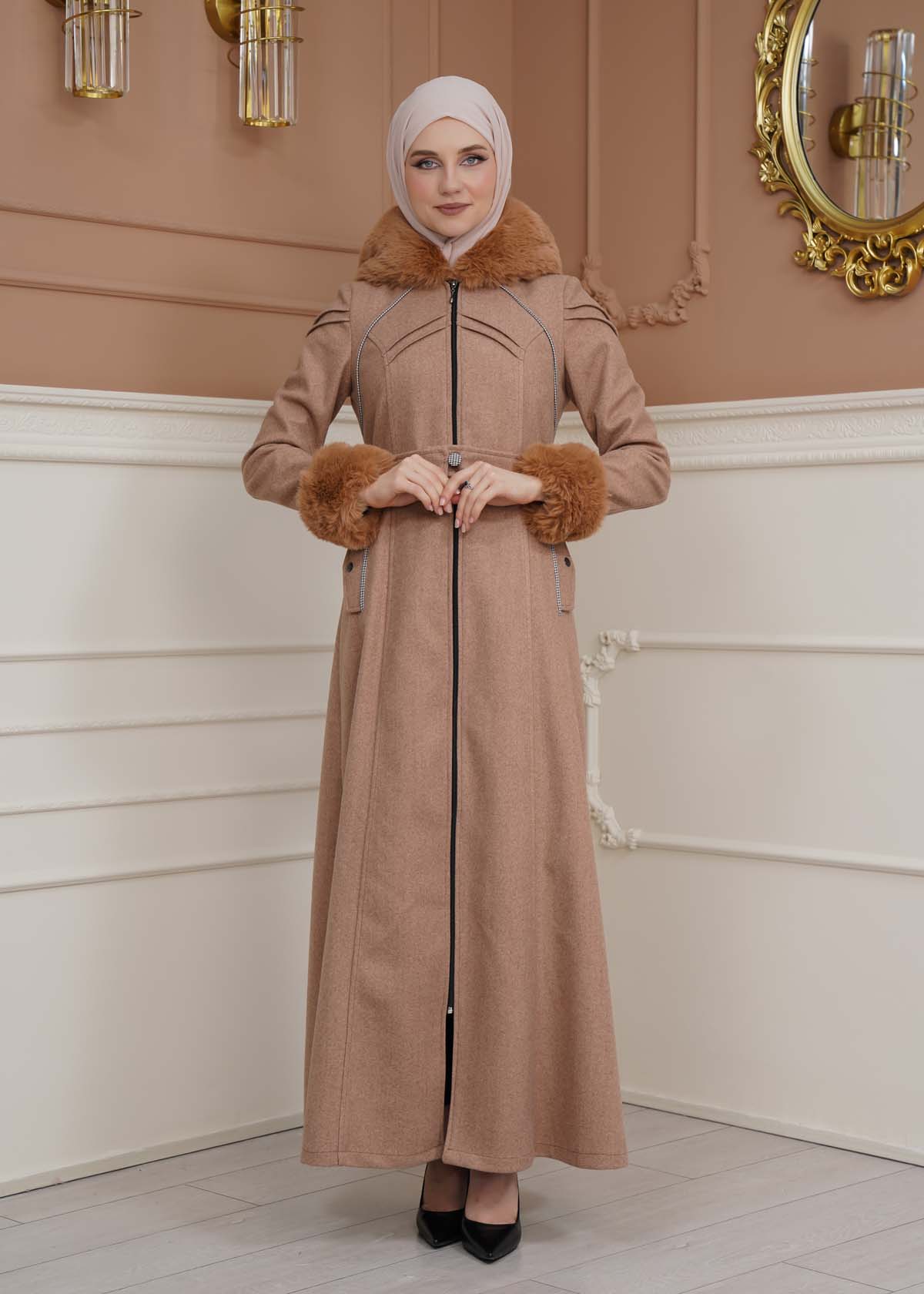 FURRY SLEEVE AND HOOD HIJAB TOPCOAT 1356 Açık kahverengi